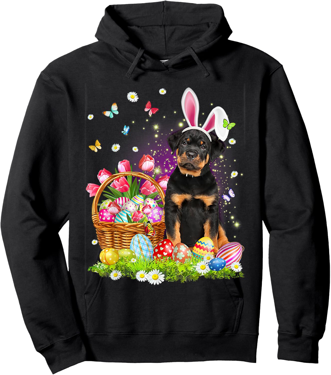 Funny Easter Bunny Rottweiler Dog Bunny Ear Egg Basket Women Kids Hoodie - Hoodie | Black