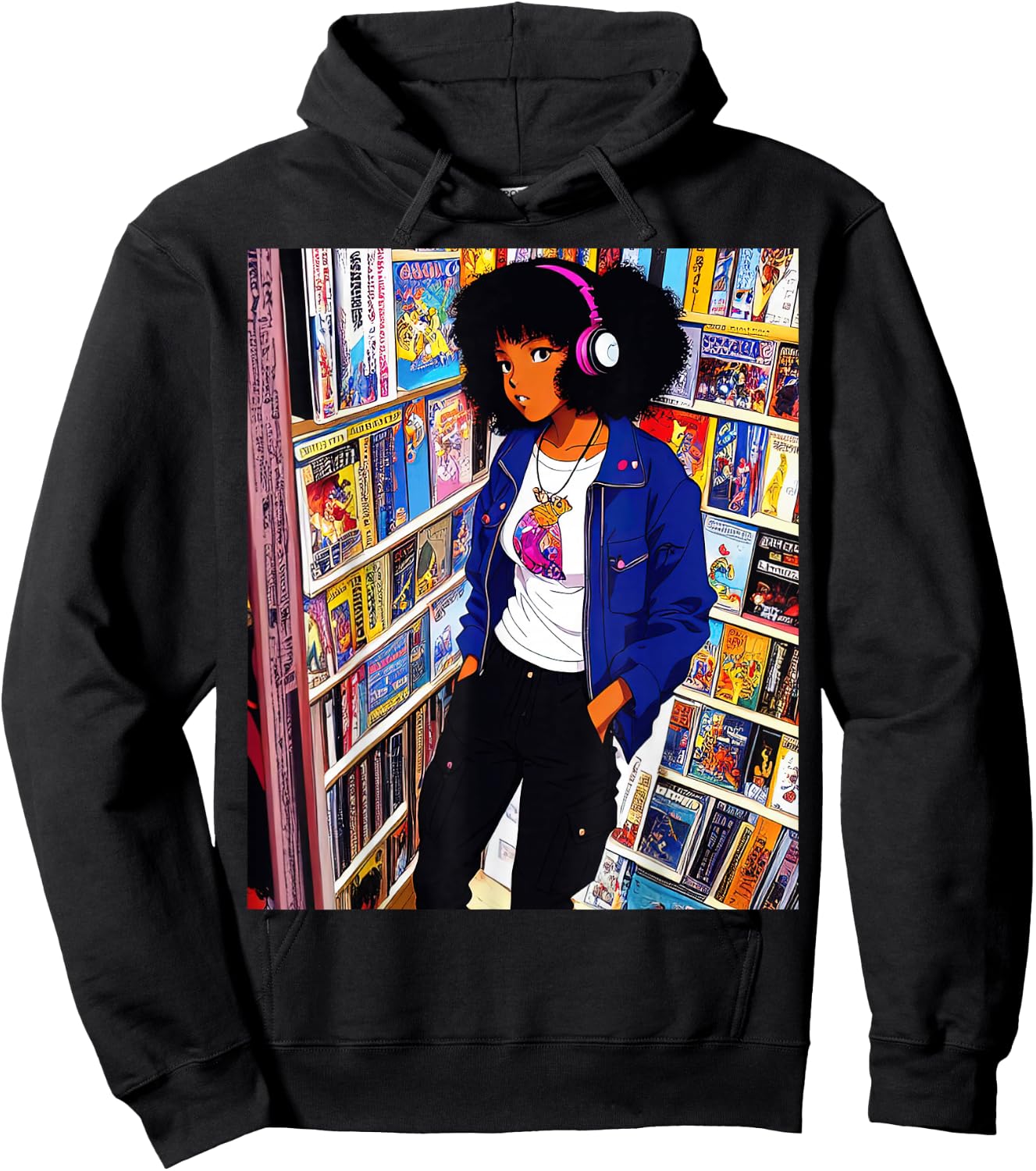 Black girl Lofi Music 90s Afro Retro Anime Cartoon Style Hoodie - Hoodie | Black
