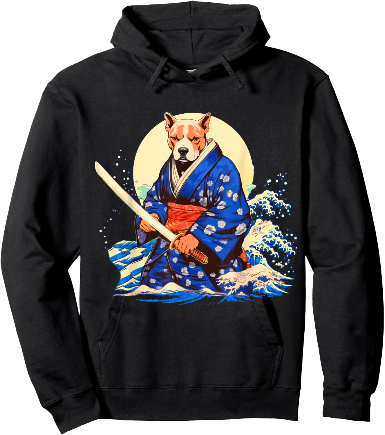 Funny Pitbull Dog Japanese Grand Wave Ukiyoe Art Ninja Cool Hoodie - Hoodie | Black
