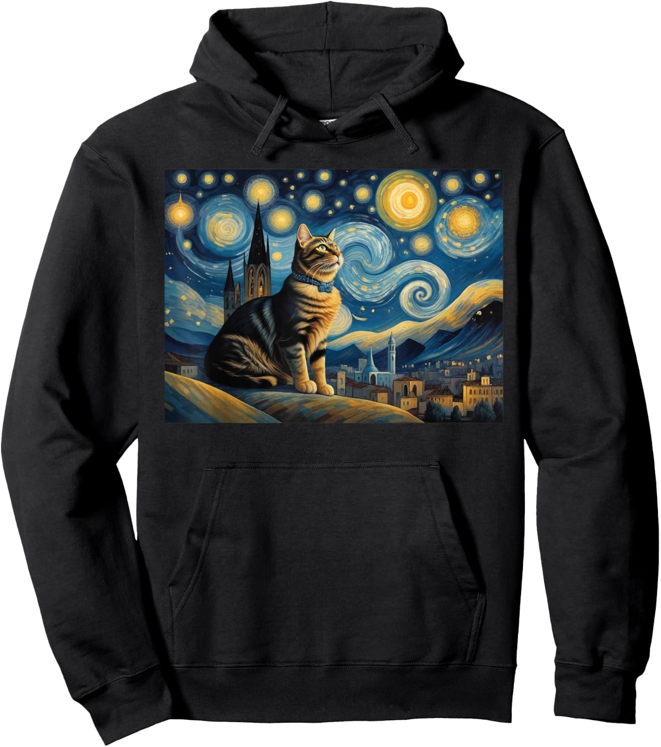 cute cat Painting art Starry Night kitty kitten Van Gogh Hoodie - Hoodie | Black