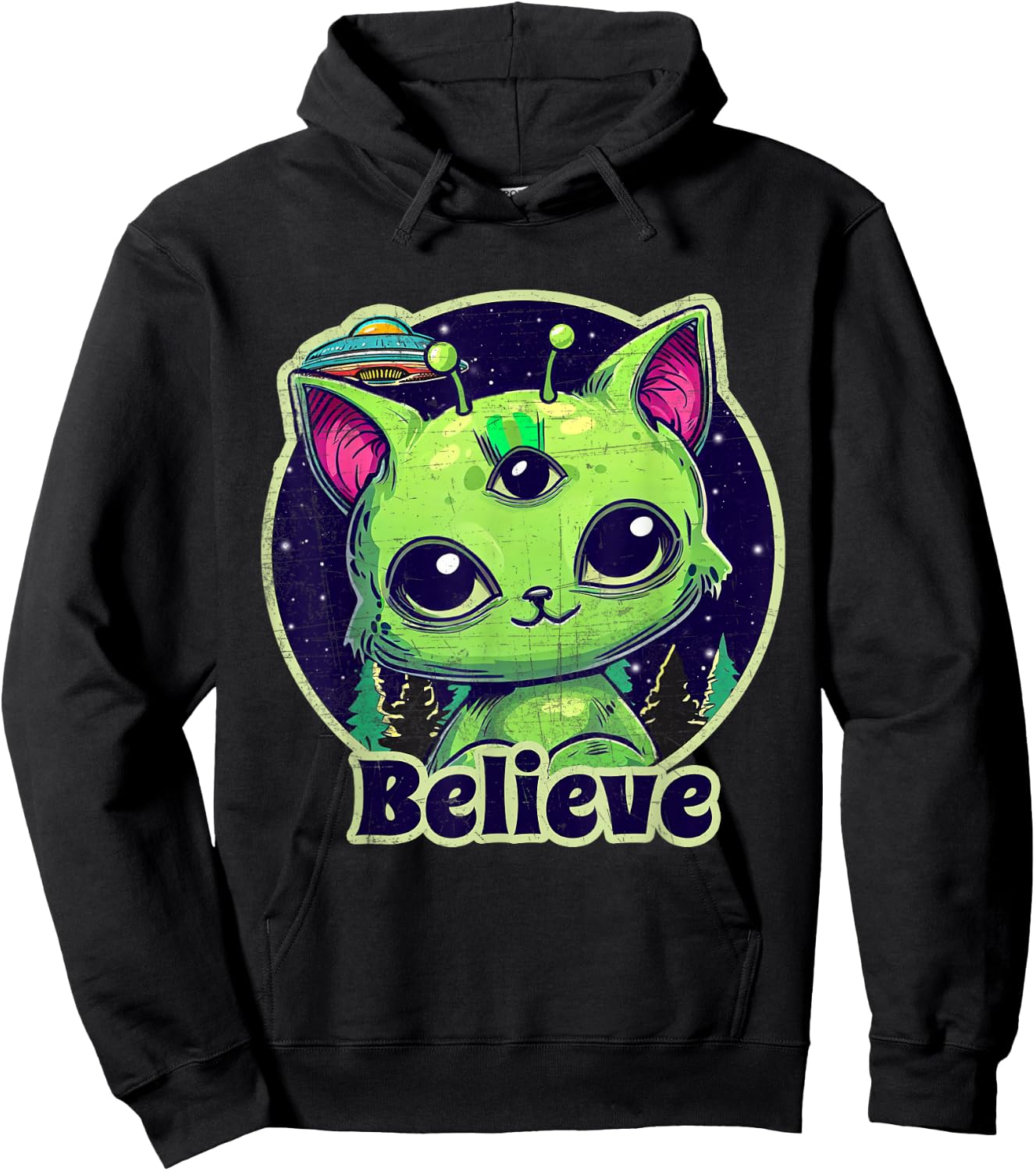 Cute Alien Cat Belive in UFO Kawaii Hoodie - Hoodie | Black