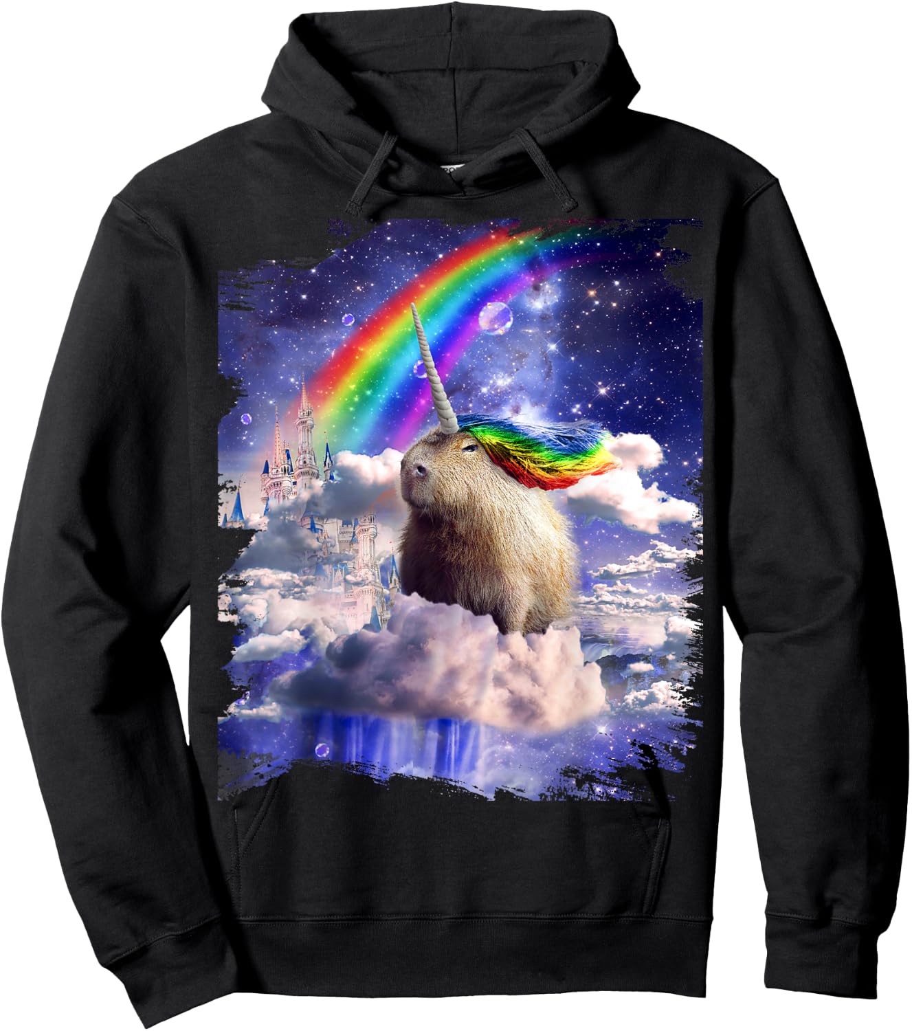 Capybaricorn Capybara Unicorn In Clouds Space Rainbow Hoodie - Hoodie | Black
