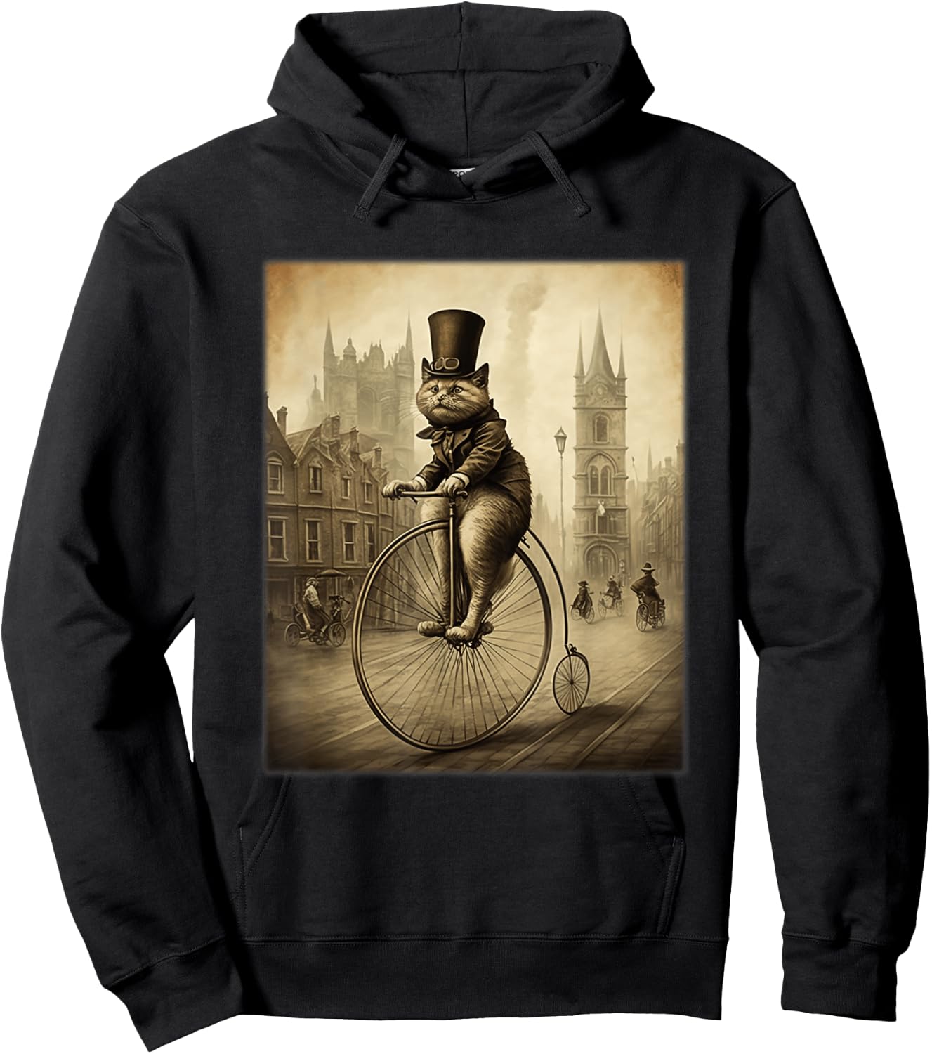 Funny Cat Top Hat Riding Penny Farthing Bicycle Cute Vintage Women Kids Hoodie - Hoodie | Black