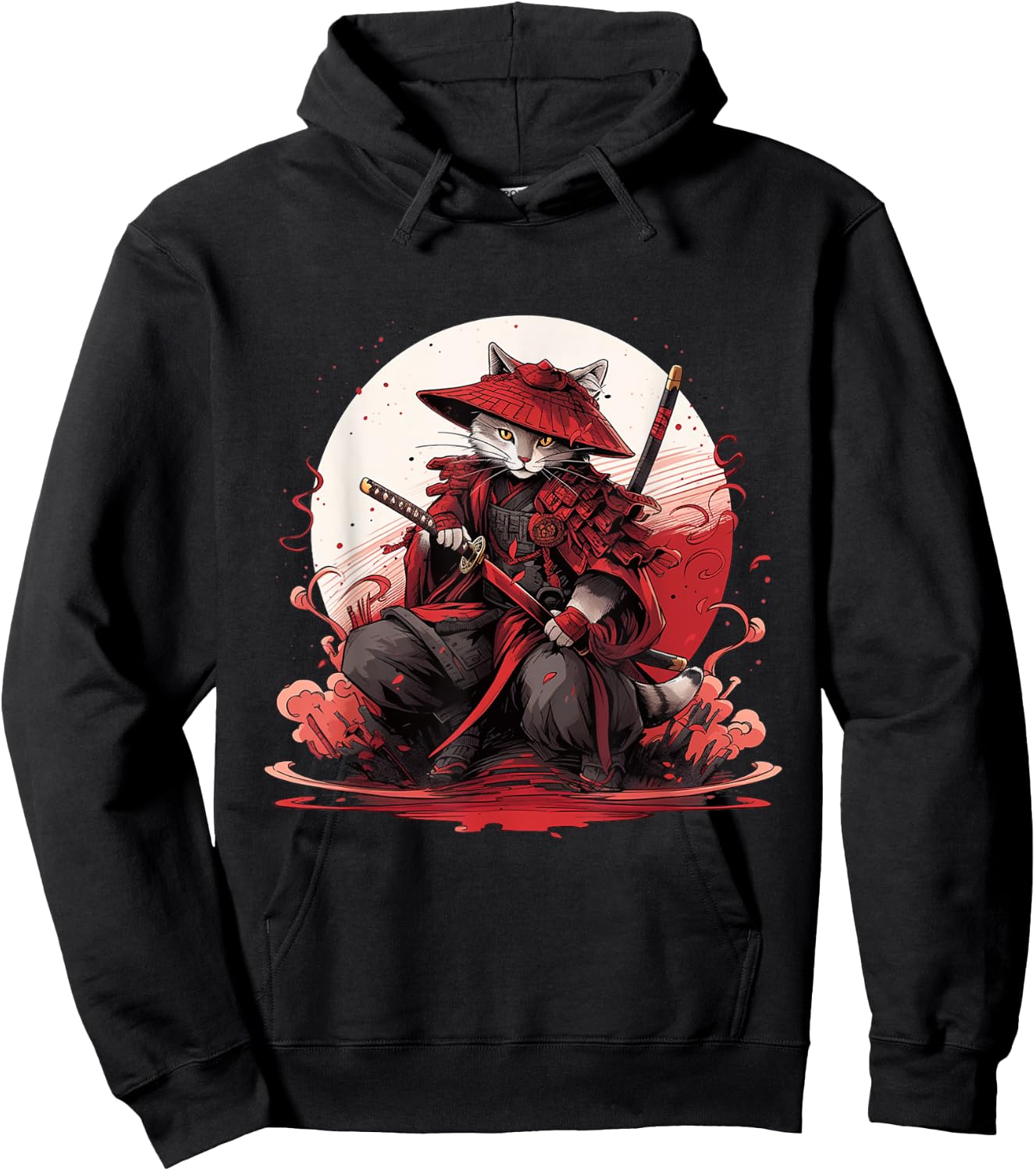 Japanese Art Cat Ninja Ukiyo-e Anime Style Samurai Cat Women Girls Kids Hoodie - Hoodie | Black