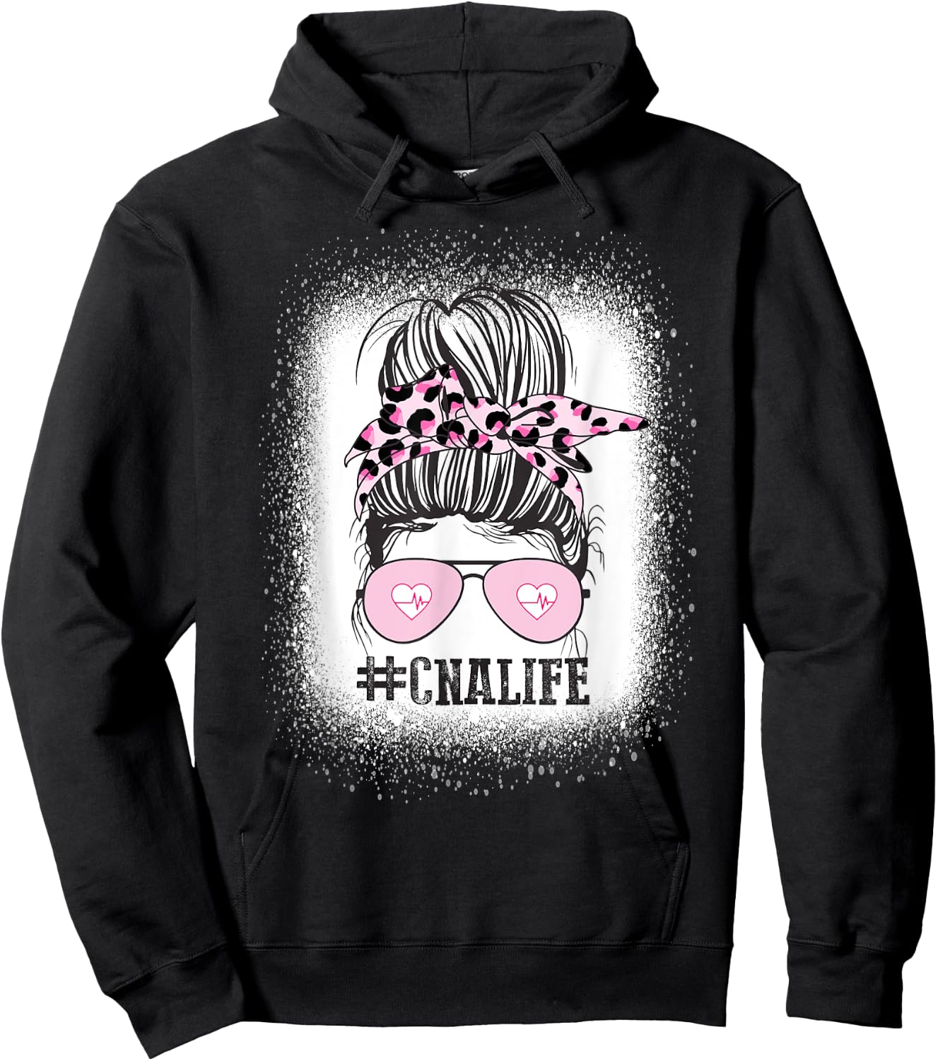 CNA Nurse Life Shirt, Bleached Messy Bun Nurse Leopard Hoodie - Hoodie | Black