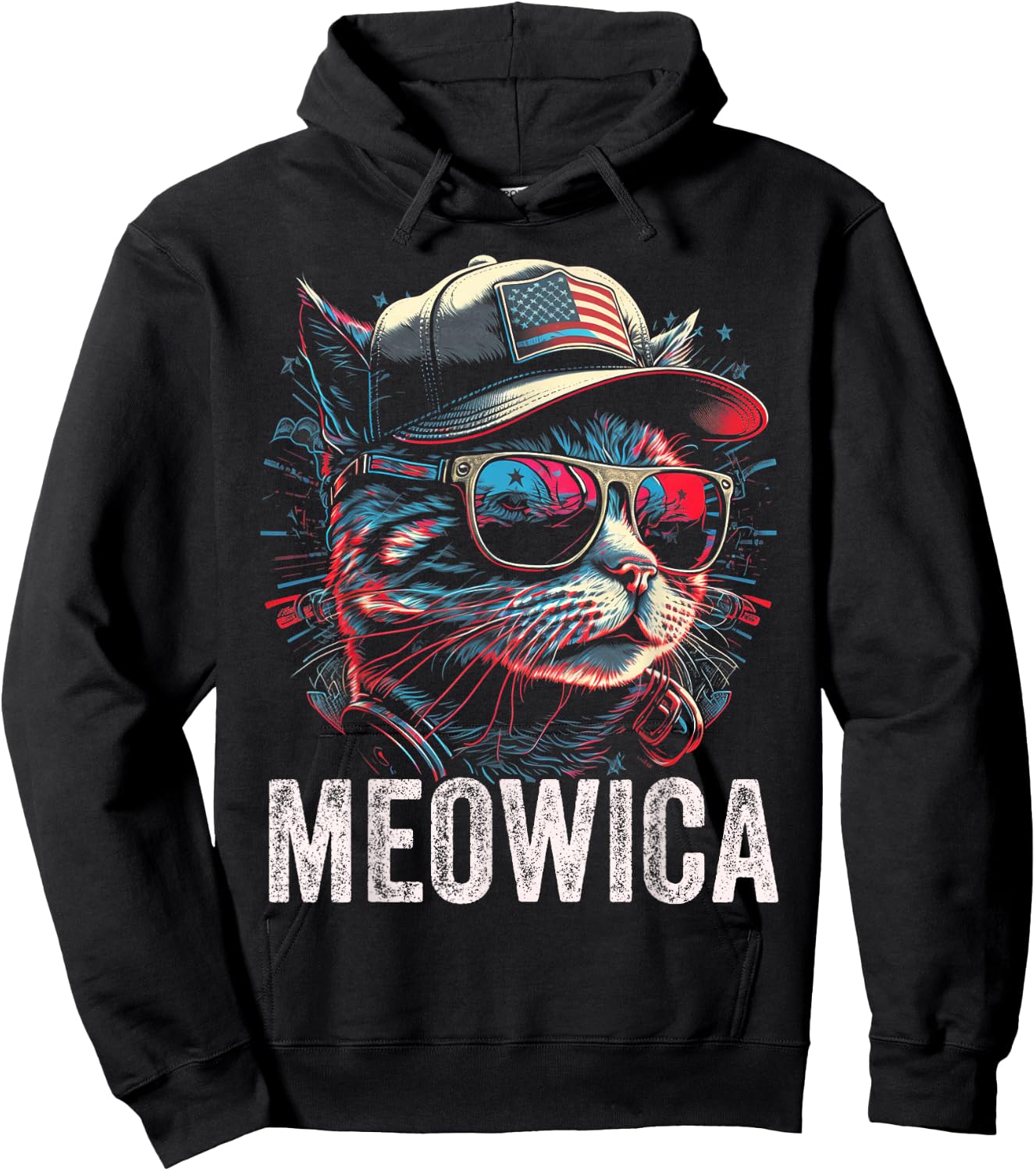 Meowica 4th of July Cat American Flag America USA Funny Hoodie - Hoodie | Black