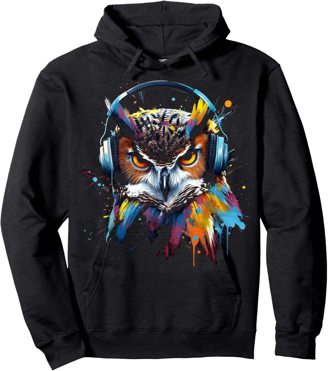 Owl Music Colourful Bird Headphones Art Animal Owl Hoodie - Hoodie | Black