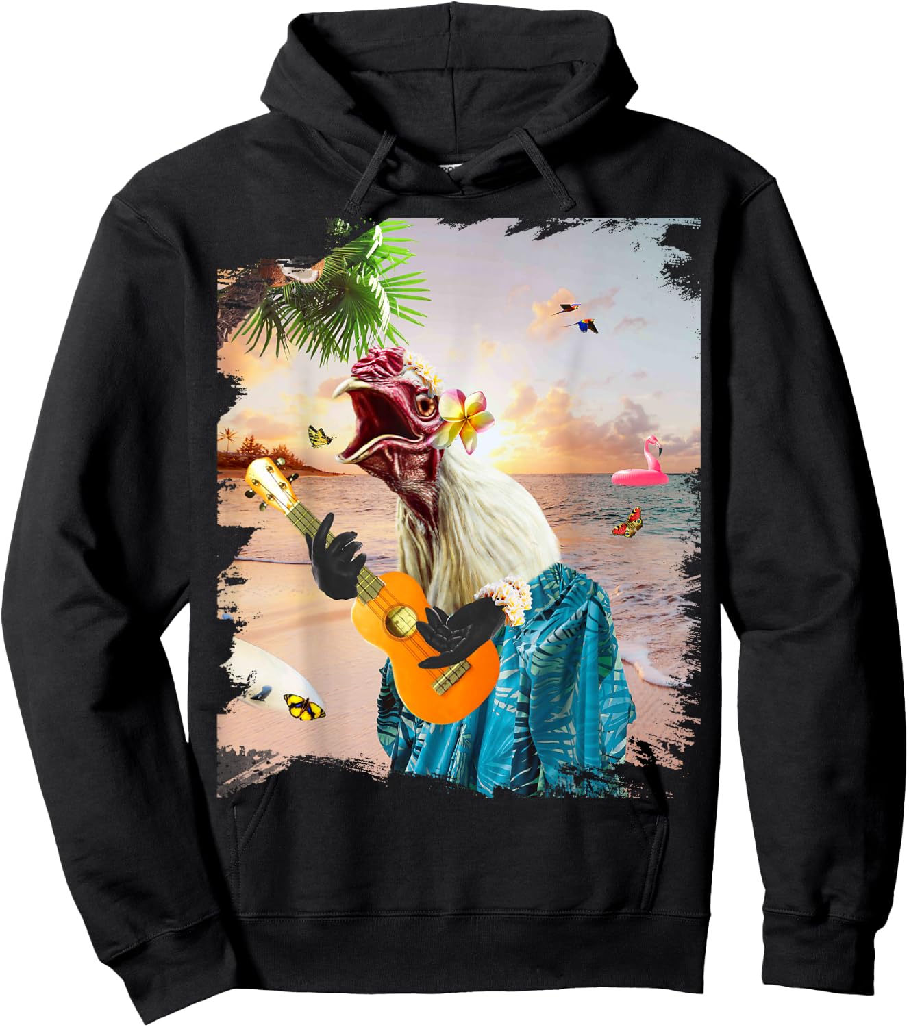 Aloha Hawaiian Chicken Playing Ukulele Beach Funny Hoodie - Hoodie | Black