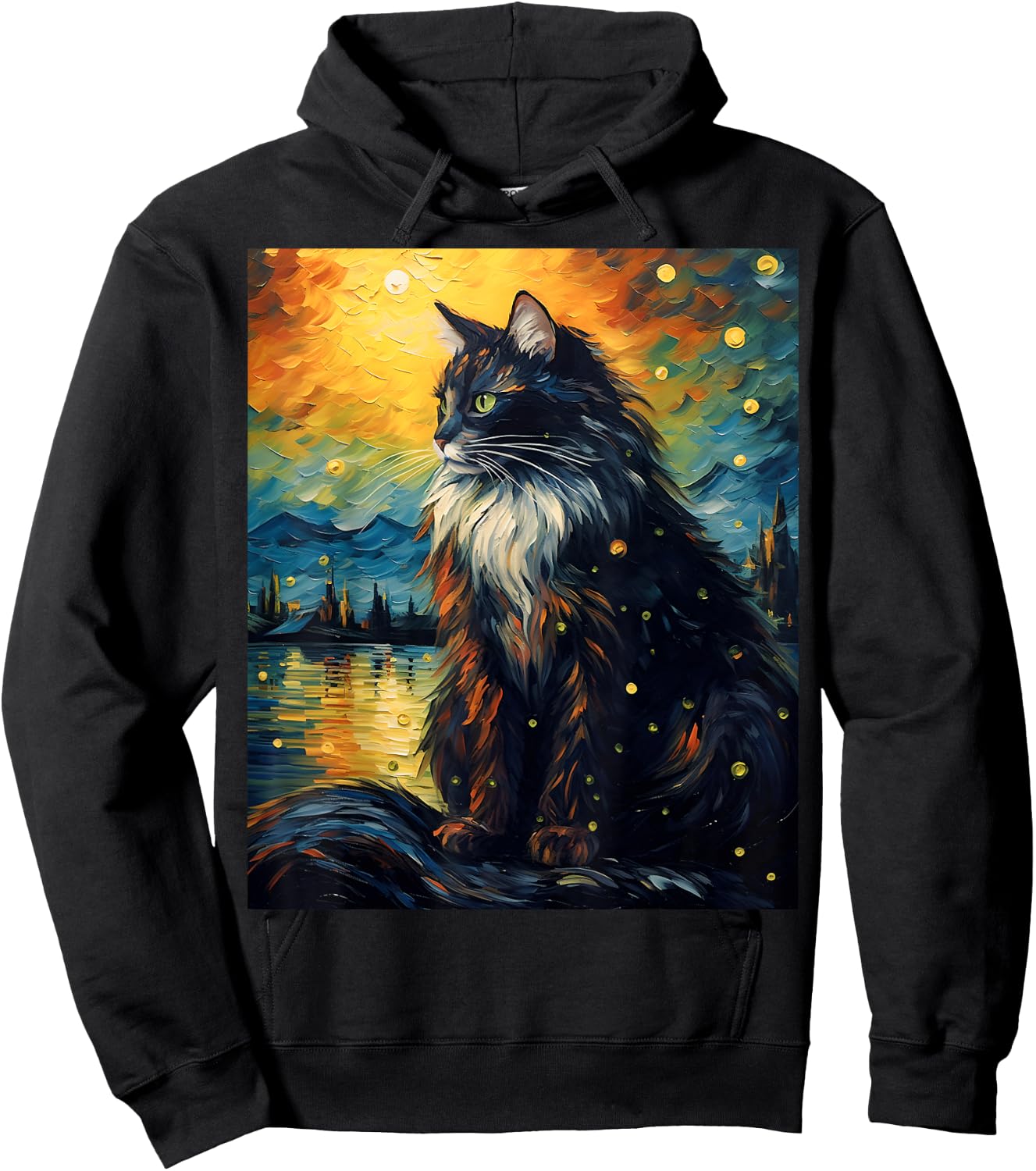 Surreal Starry Night Norwegian Forest Cat Men Women Girls Kids Hoodie - Hoodie | Black