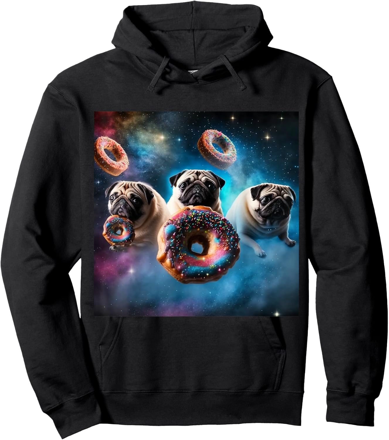 Pugs in Space with Donuts Cute Pug Boys Girls Men Women Hoodie - Hoodie | Black