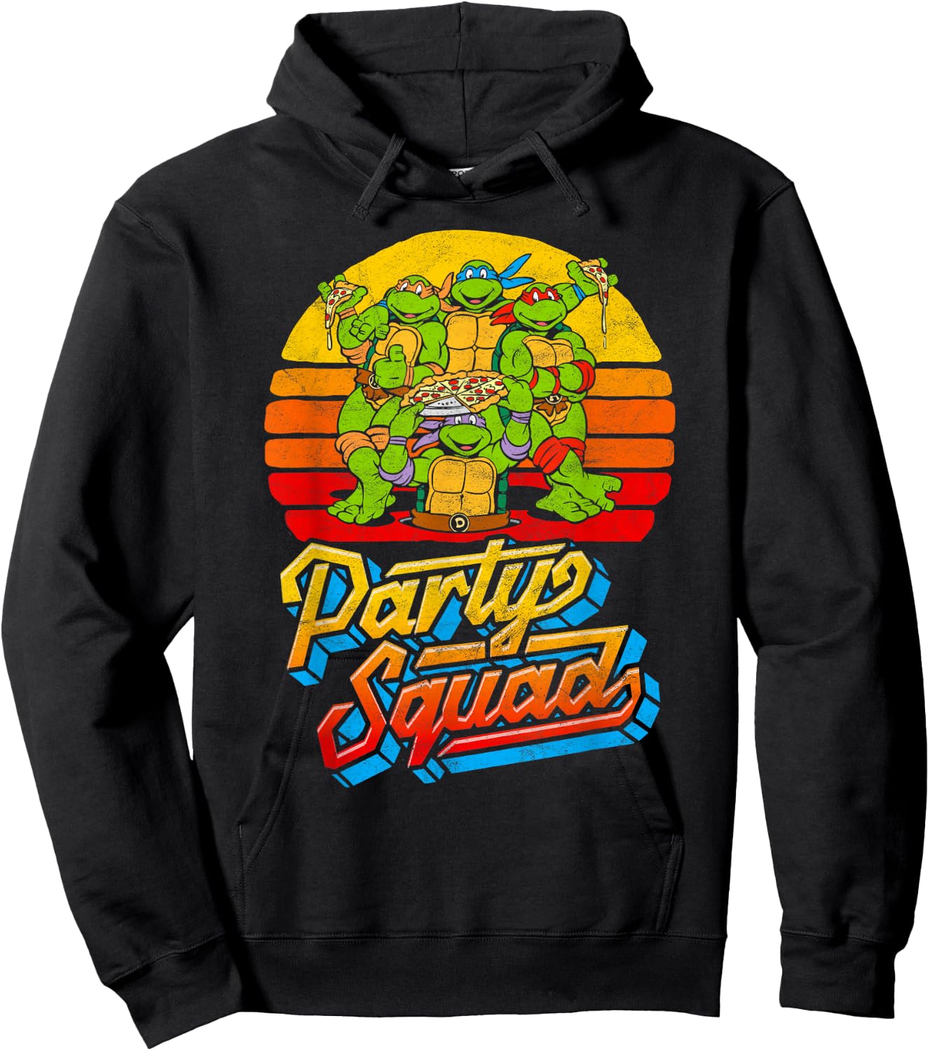 Party Squad! TMNT Vintage 80s Pizza Friends Distressed Hoodie - Hoodie | Black