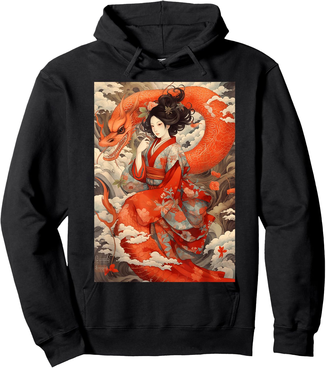 Japanese Geisha Kawaii In Kimono Dragon Japan Hoodie - Hoodie | Black