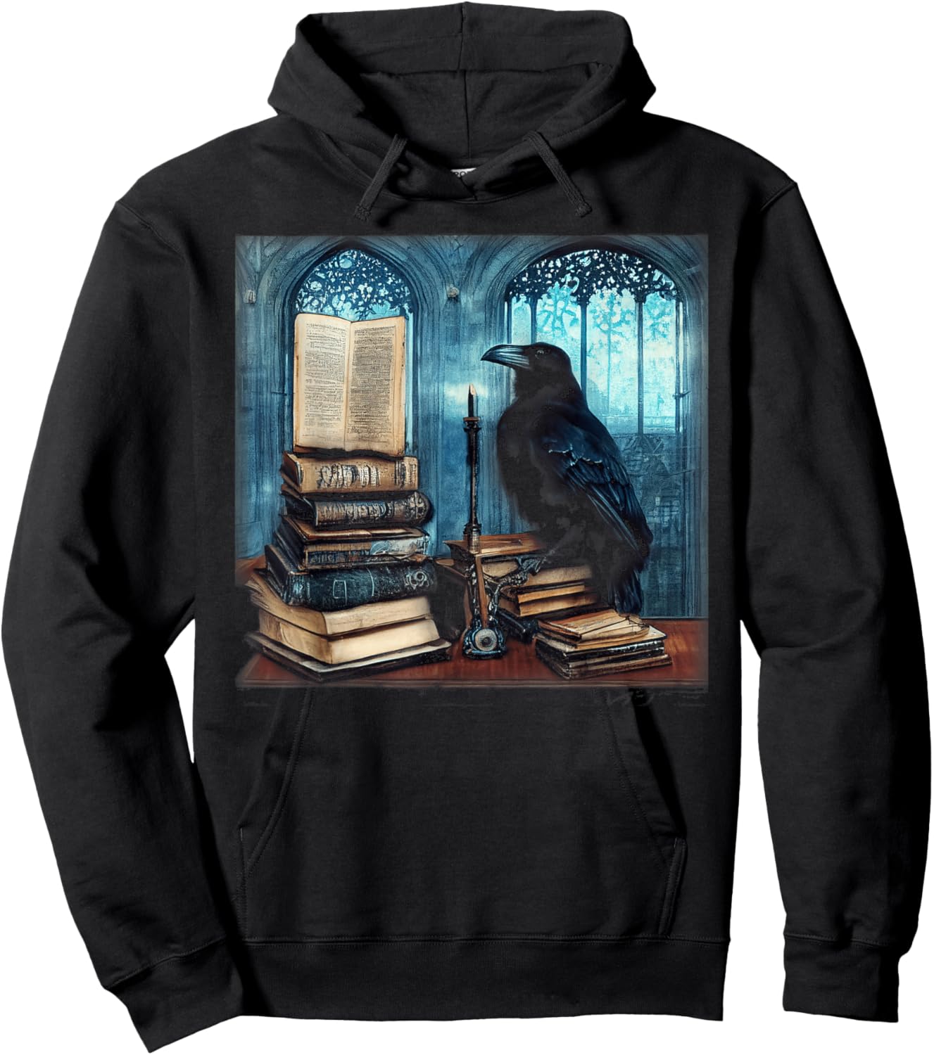 Gothic Art Raven Sitting On A Stack of Old Books Hoodie - Hoodie | Black