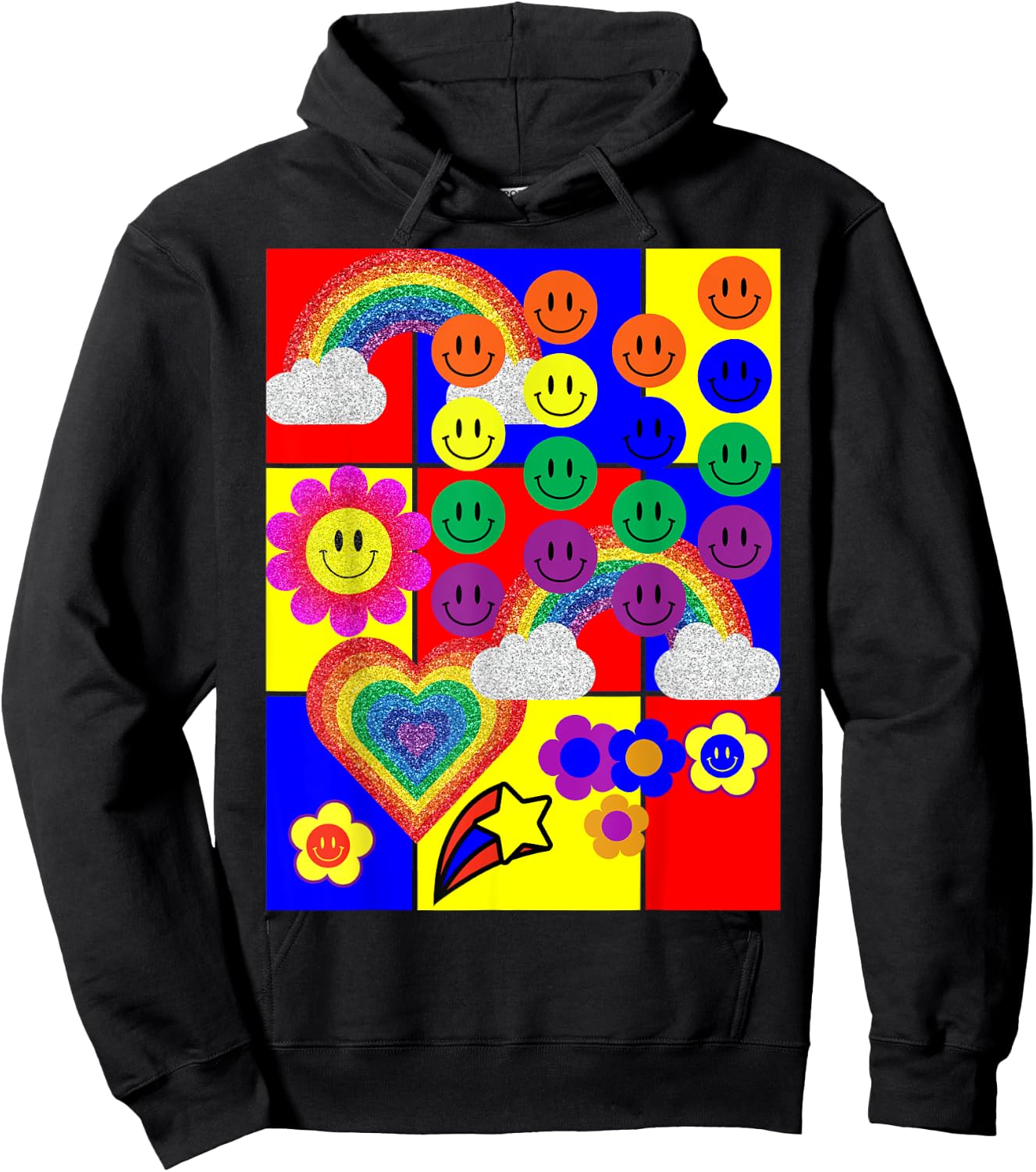 Kidcore Flower Heart Faces Hoodie - Hoodie | Black