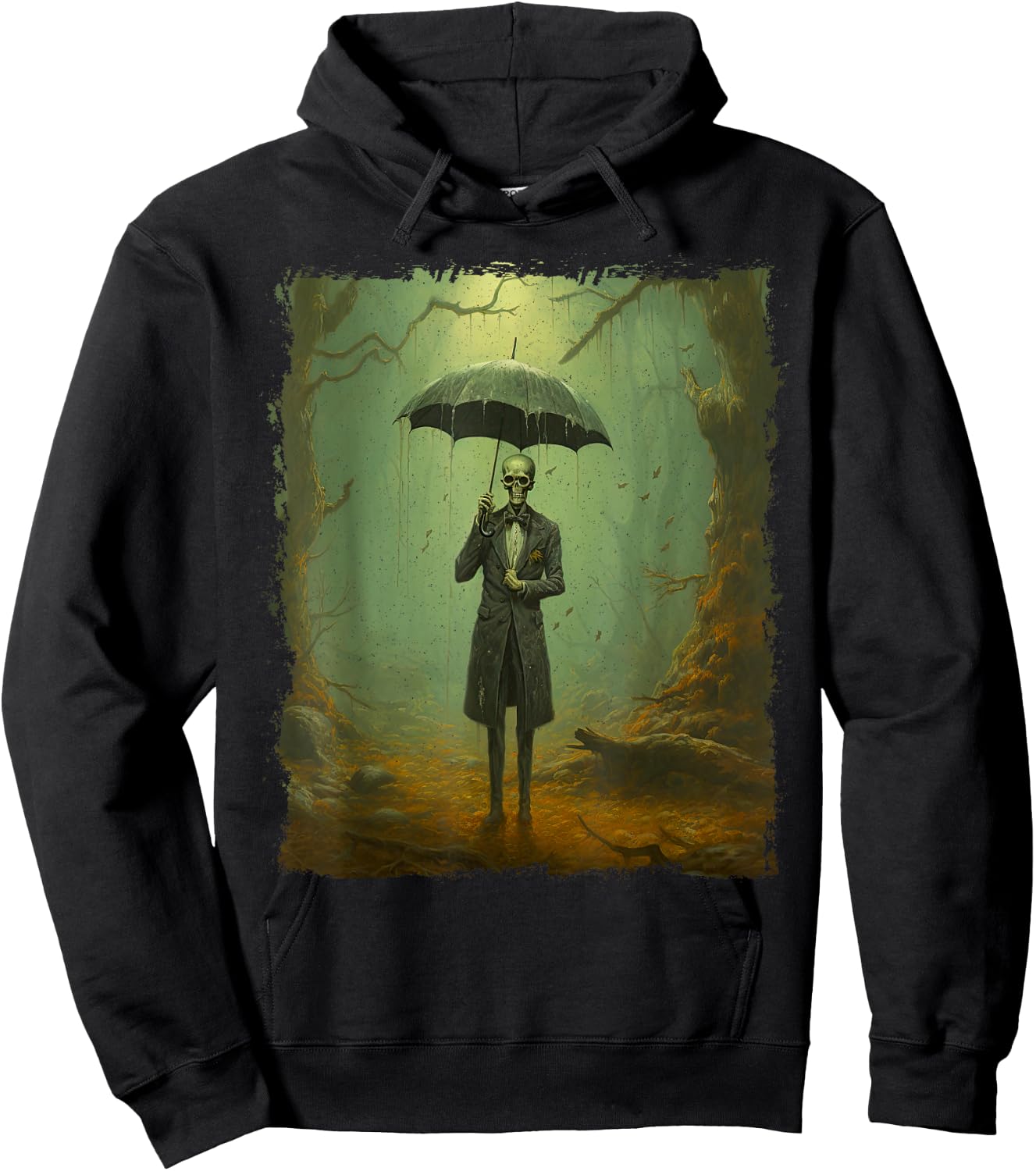 Skeleton in the Rain – Vintage Goth Halloween Hoodie - Hoodie | Black