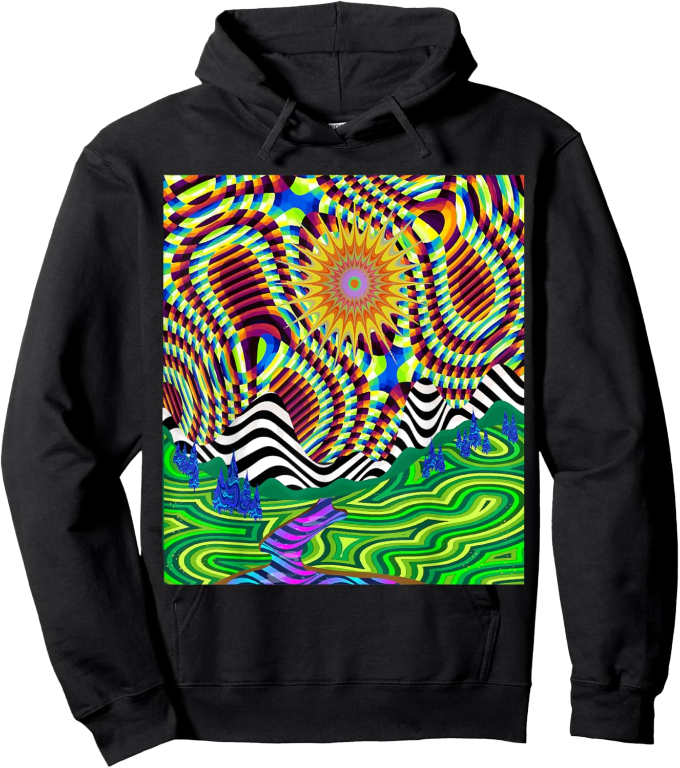 Psychedelic Trippy Mountain Funny Hippie Nature Lover Outfit Hoodie - Hoodie | Black