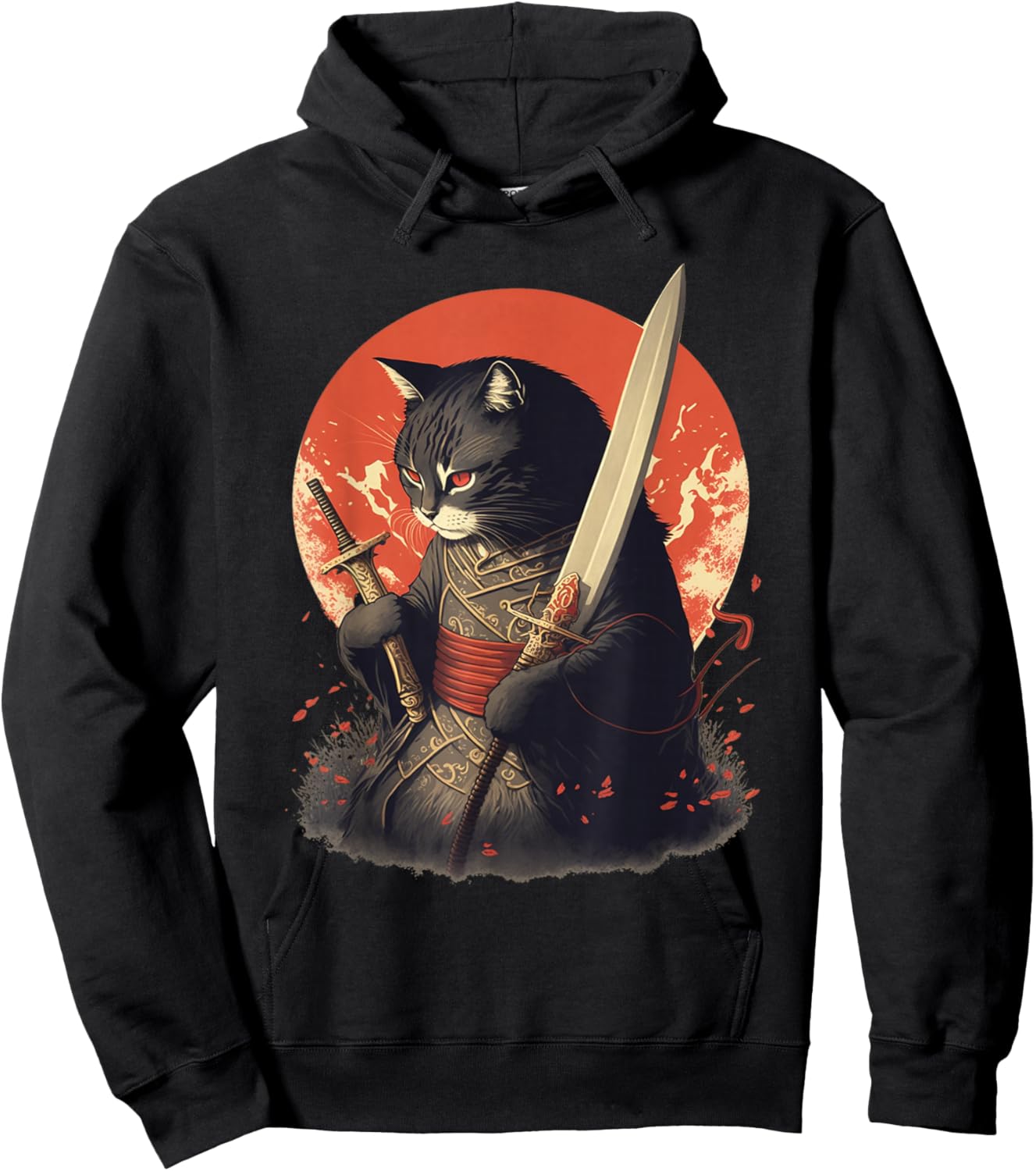 Retro Japanese Samurai Ninja Cat Kawaii Tattoo Graphic Style Hoodie - Hoodie | Black