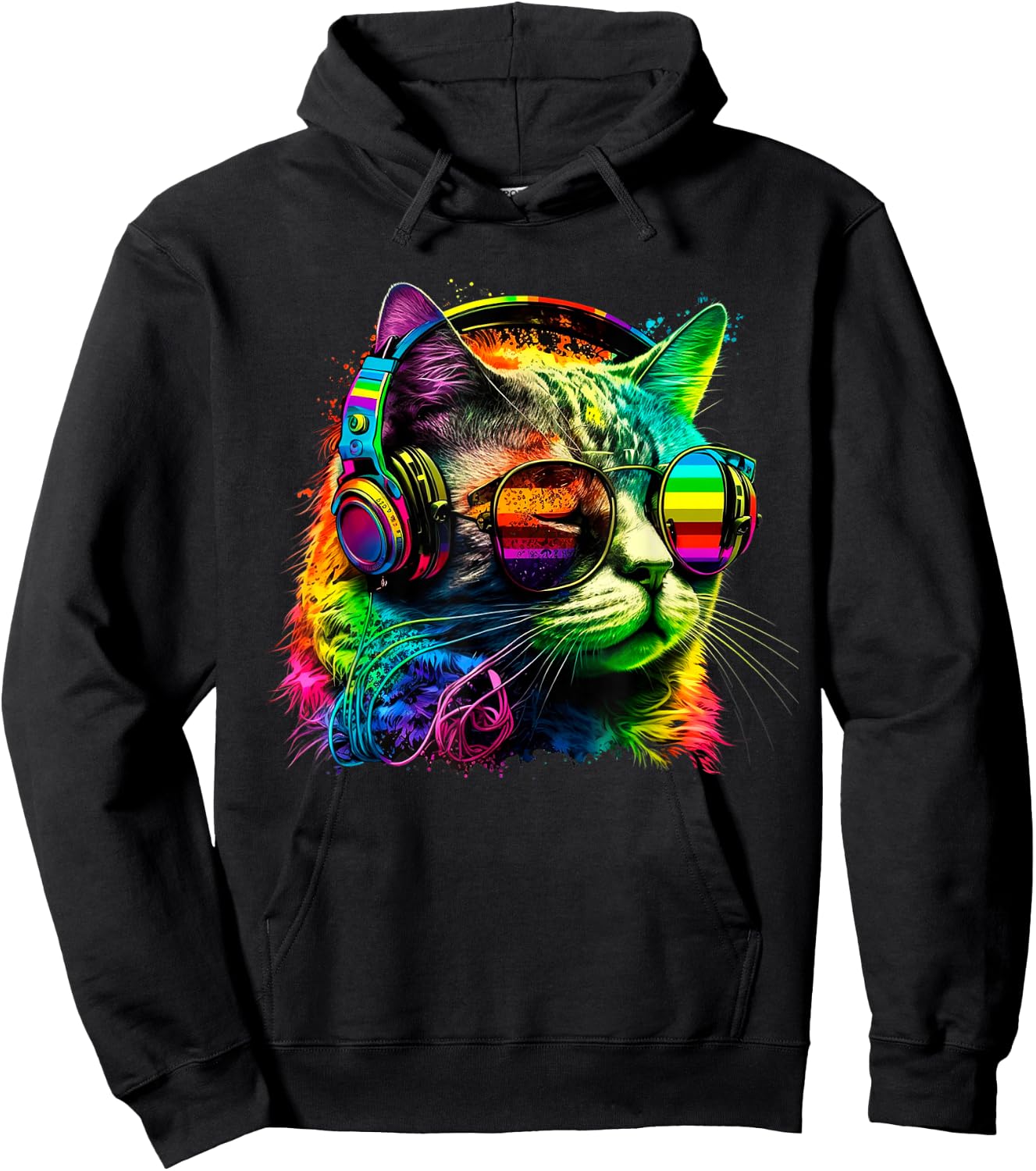 Rainbow DJ Cat with Sunglasses Headphones Music Funny Kitty Hoodie - Hoodie | Black