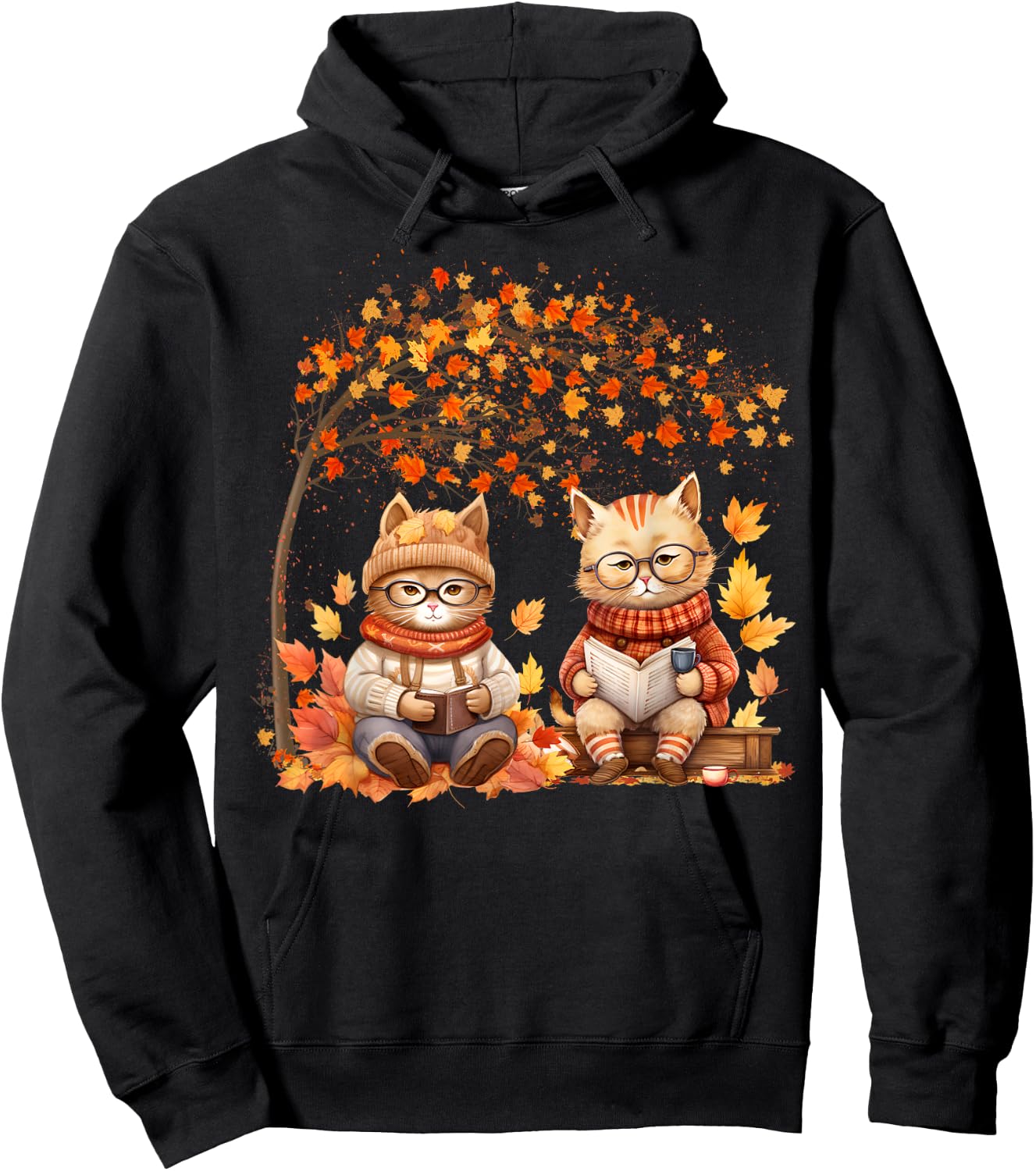 Cat Leaf Fall Hello Autumn Cat Kitten Lover Thanksgiving Men Women Kids Hoodie - Hoodie | Black