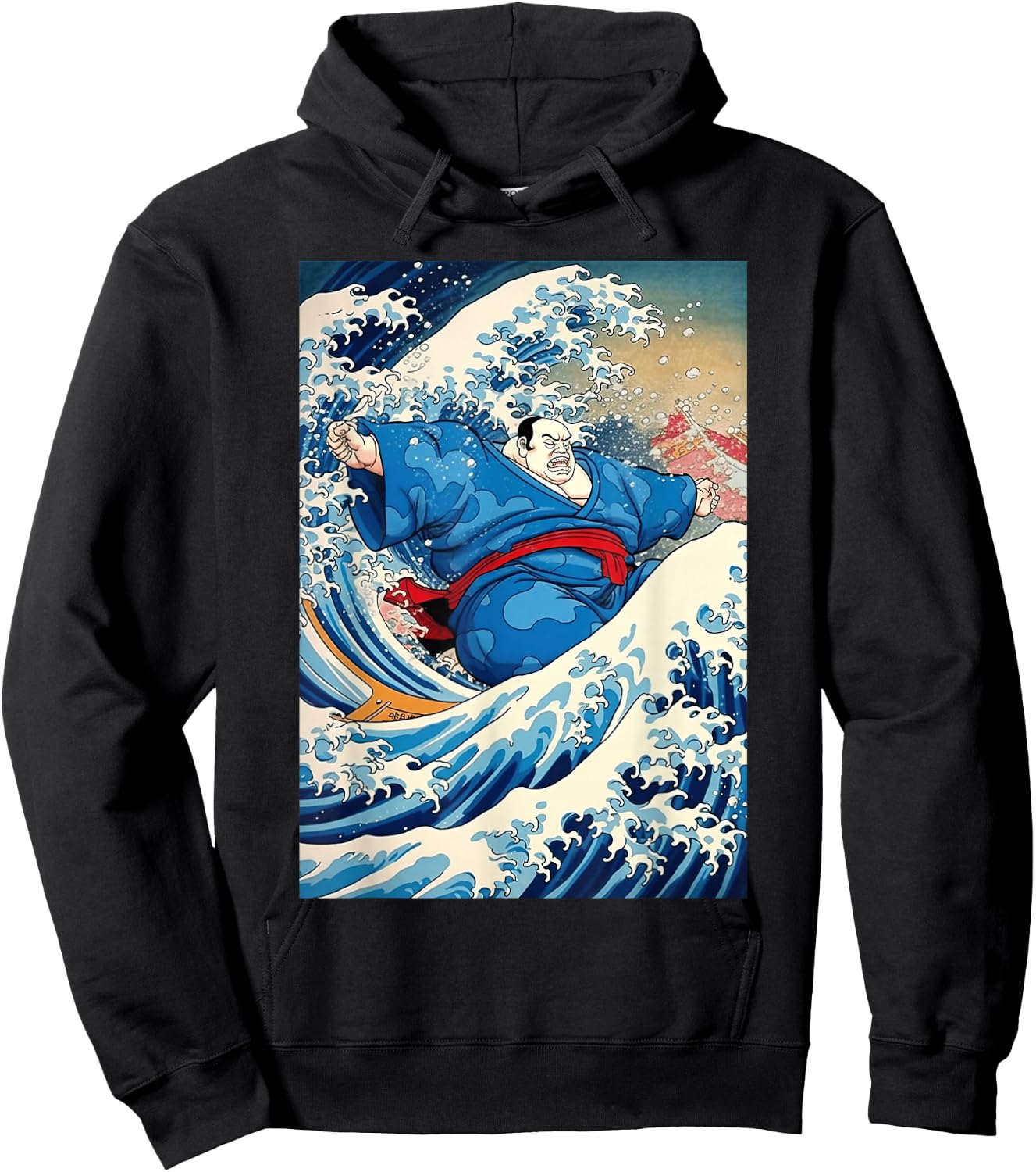 Funny Kanagawa Great Wave with Sumo Wrestler Surfing Hoodie - Hoodie | Black