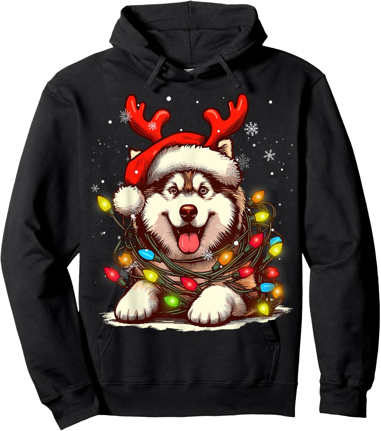 Siberian Husky Christmas Tree Lights Dog Santa Women Men Kid Hoodie - Hoodie | Black