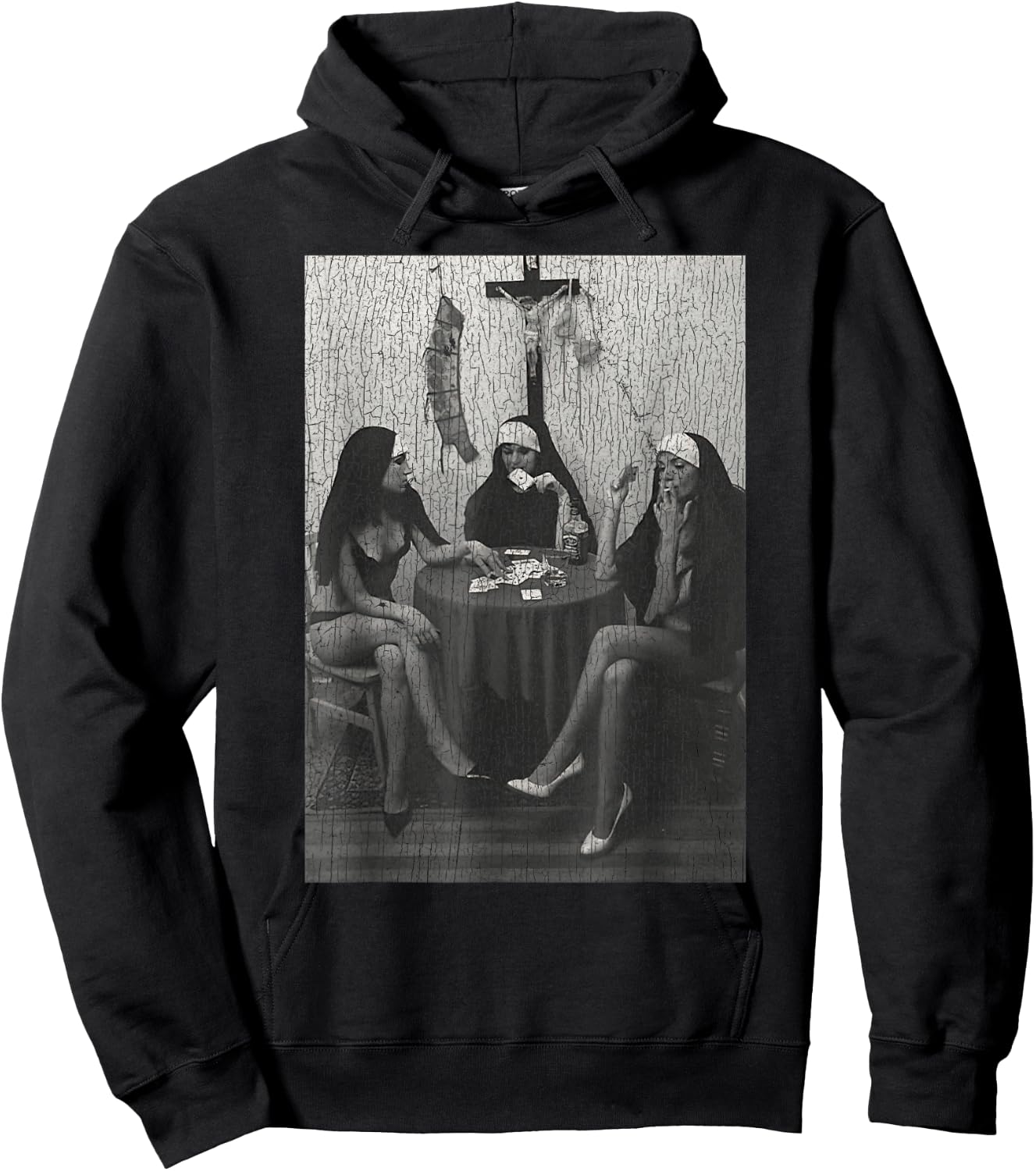 Vintage Nuns Naked Playing Card Smoking Hoodie - Hoodie | Black