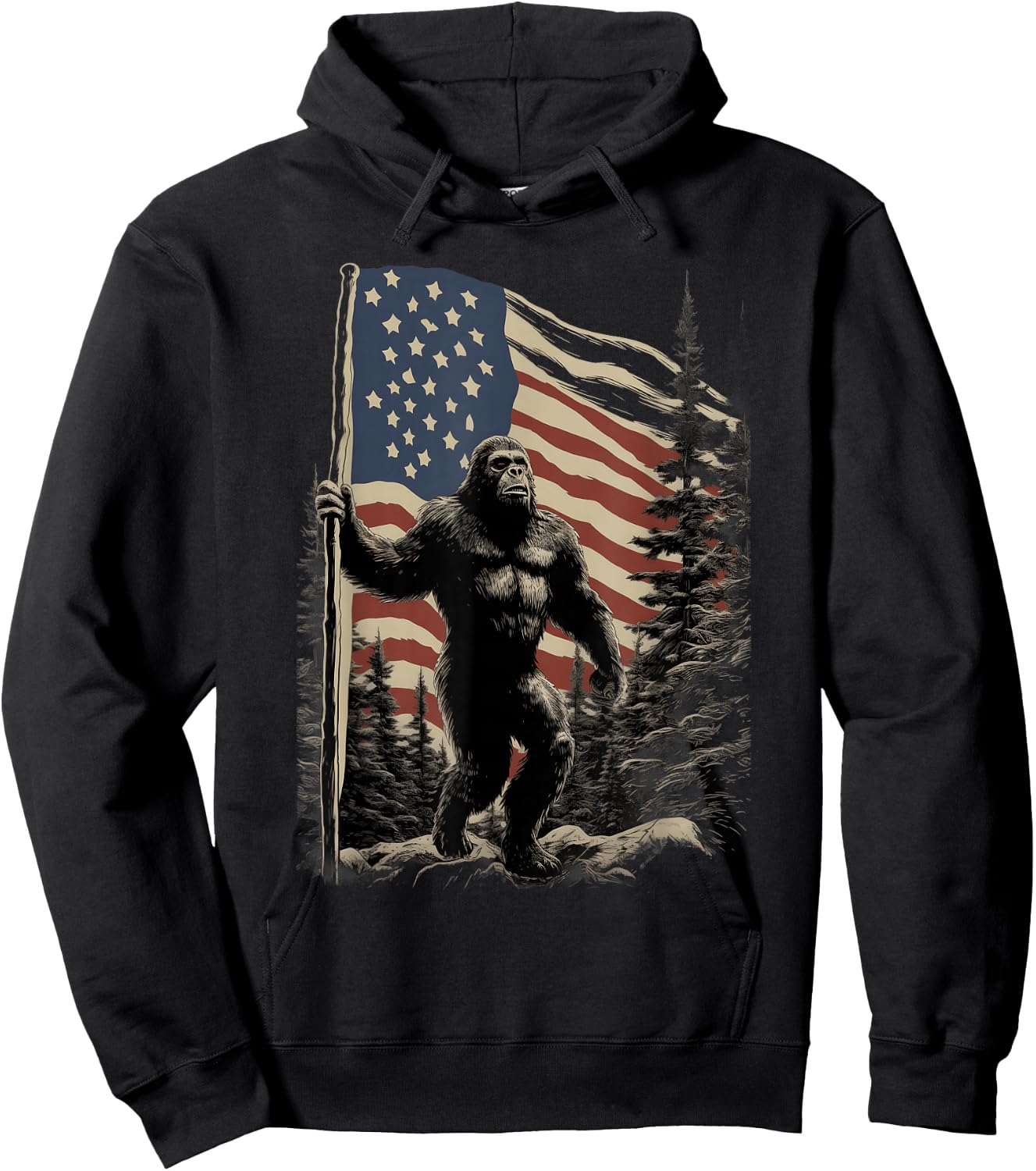American Flag Bigfoot Patriotic Wilderness Forest Hoodie - Hoodie | Black