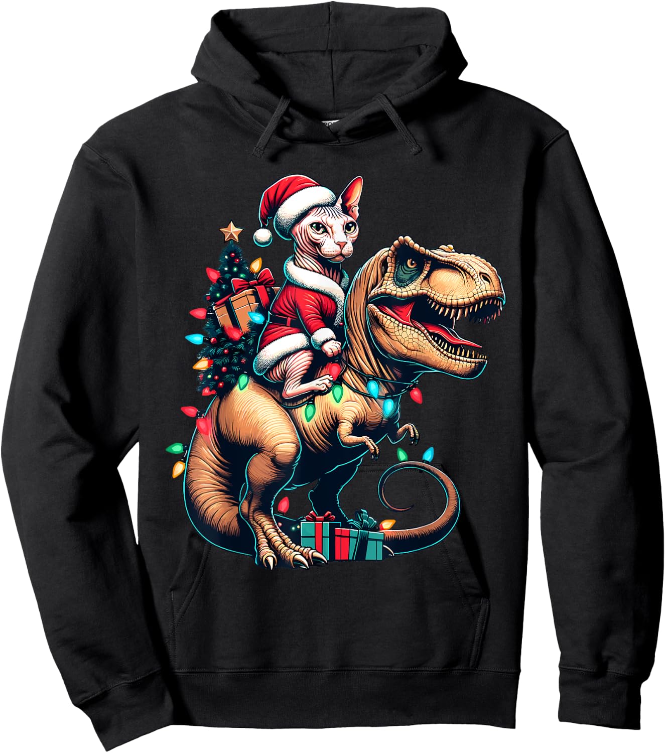 Funny Sphynx Cat Rides Santa T-Rex Vintage Christmas Sphynx Women Kids Hoodie - Hoodie | Black