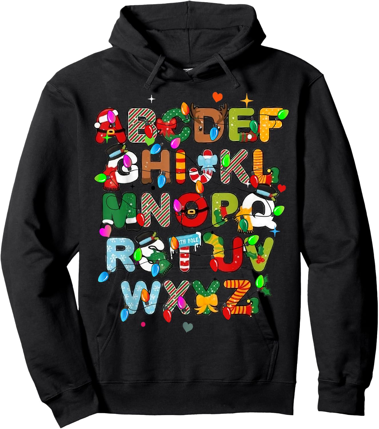 ABCs Learning Kindergarten Teacher Christmas Lights Alphabet Women Kids Hoodie - Hoodie | Black