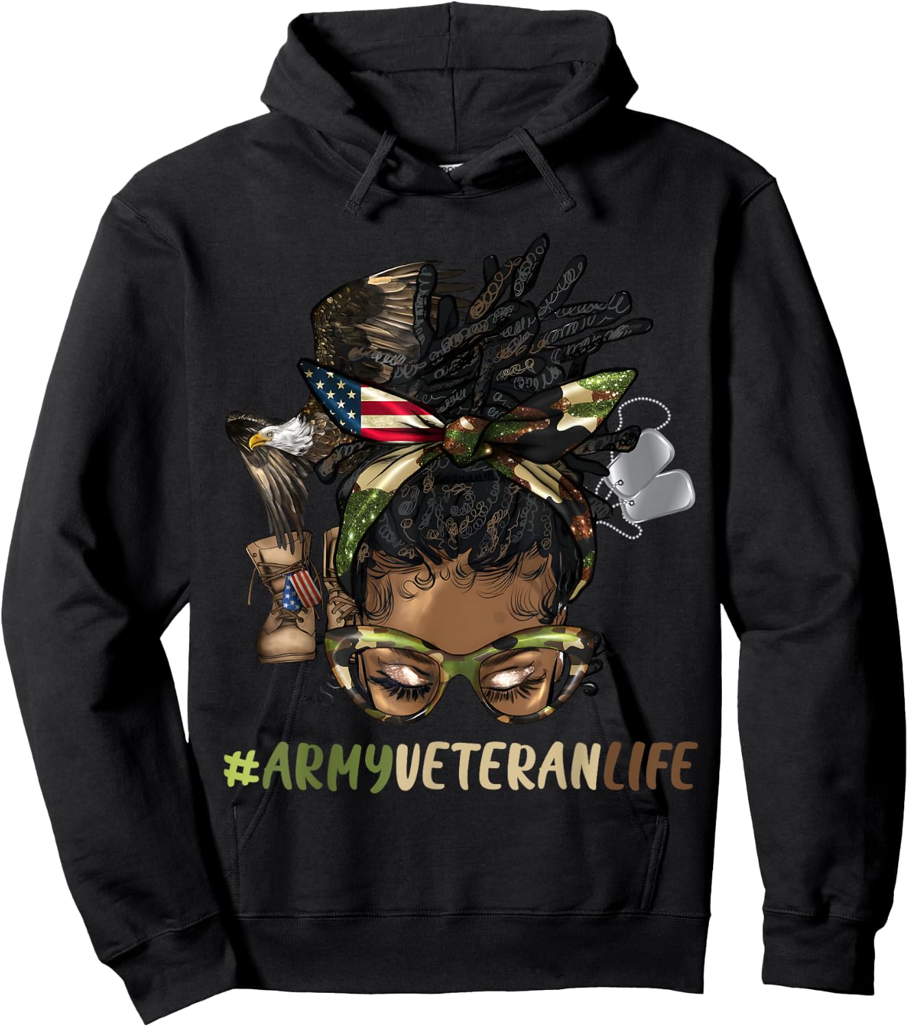 African Afro Messy Bun Loc Army Veteran Soldier Mother Wife Hoodie - Hoodie | Black