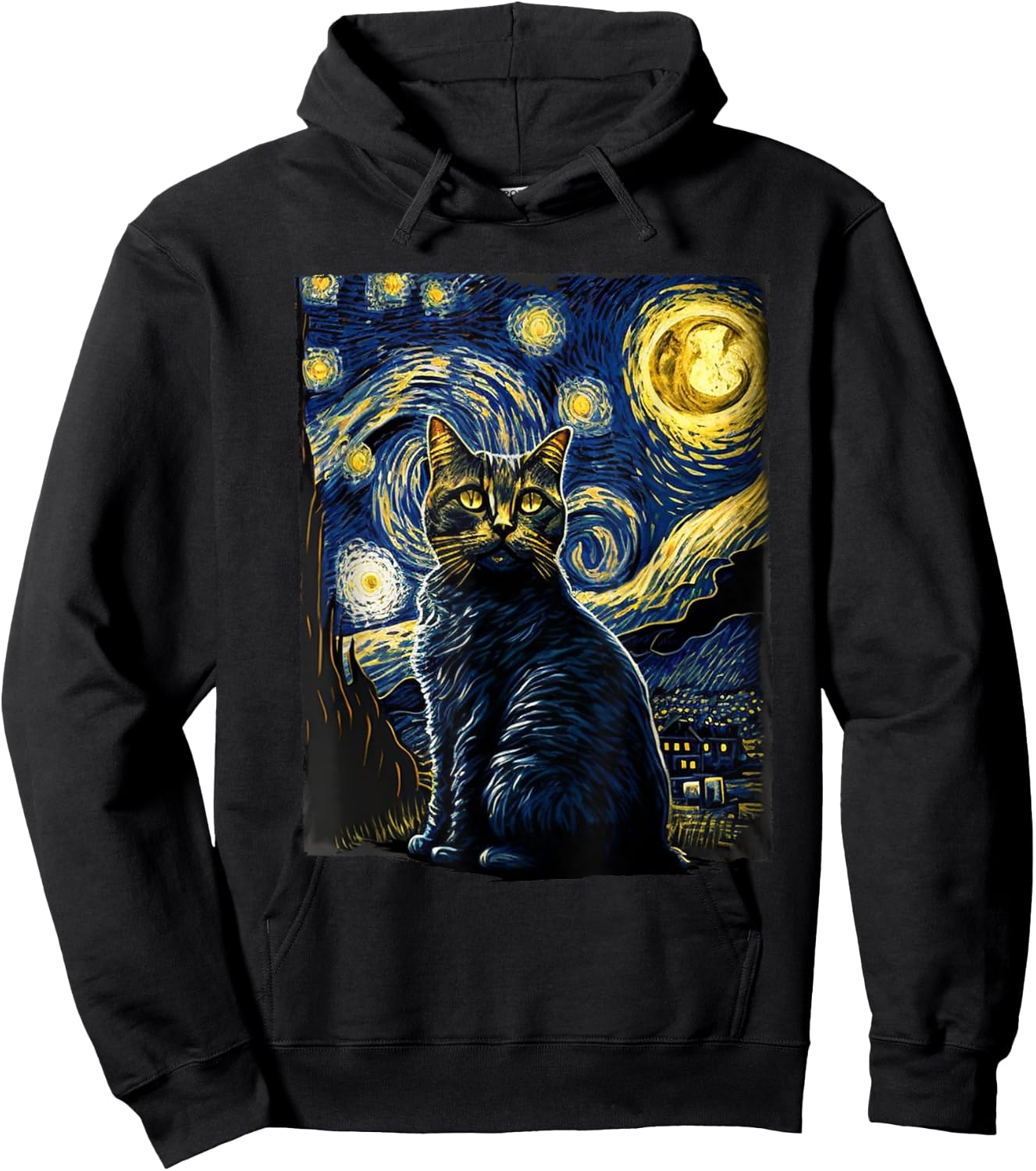 Starry Night Cat Van Gogh Cat Lover Gifts Cat Mom, Cat Dad Hoodie - Hoodie | Black