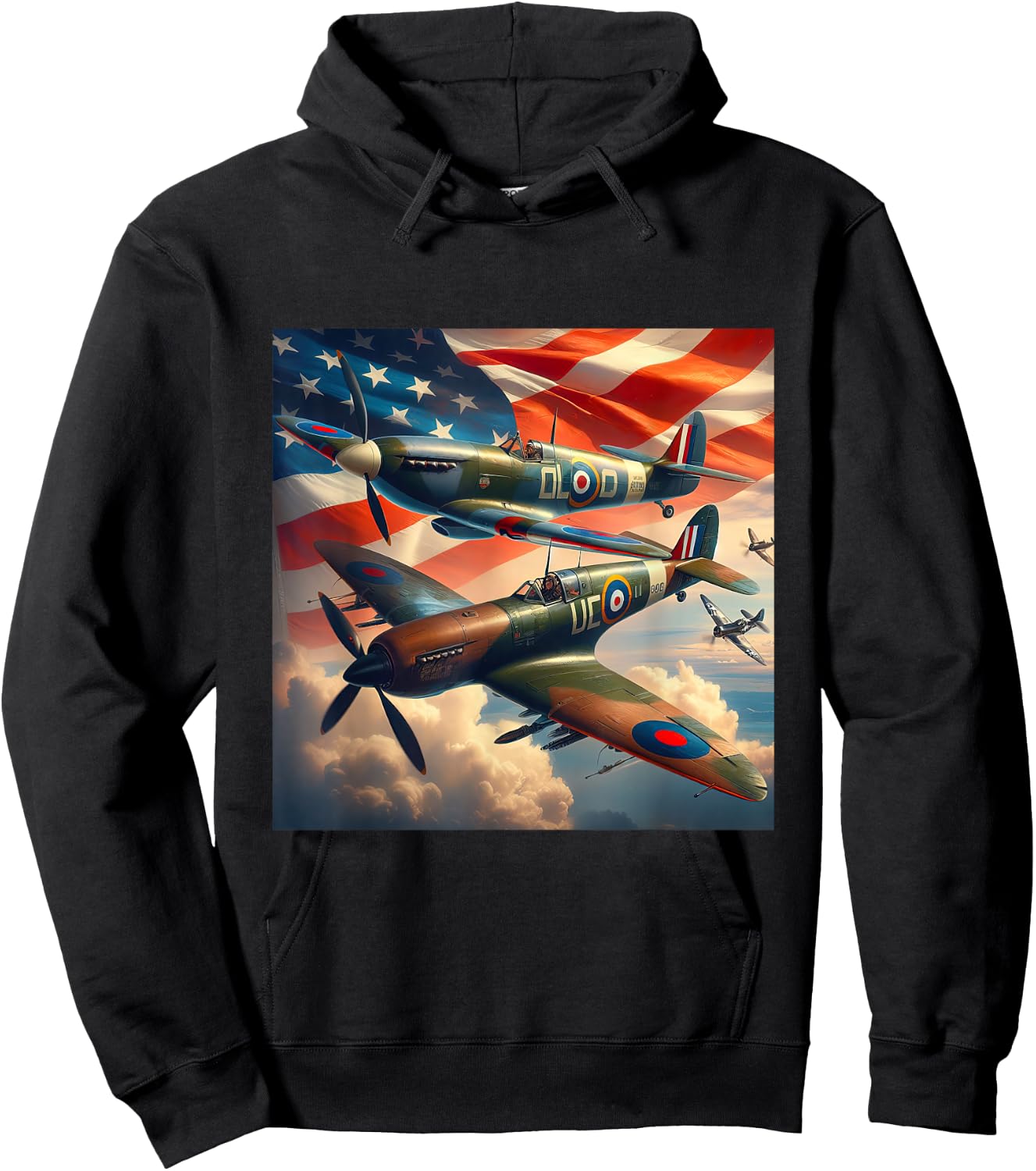 Spitfire F4U Corsair WW2 Airplanes US Flag Hoodie - Hoodie | Black