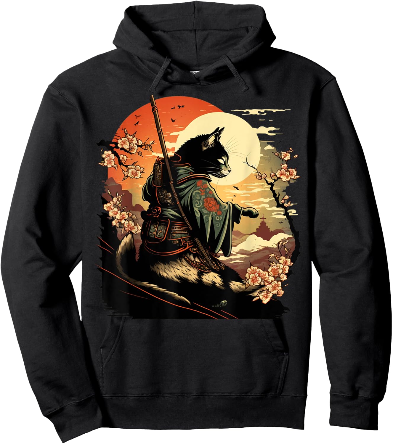 Japanese Art Cat Ninja Ukiyo-e Anime Style Samurai Cat Hoodie - Hoodie | Black