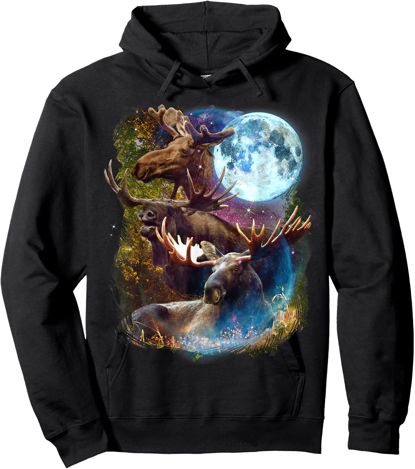 3 Moon Moose Funny Deer Elk Animal Lovers Graphic Novelty Hoodie - Hoodie | Black