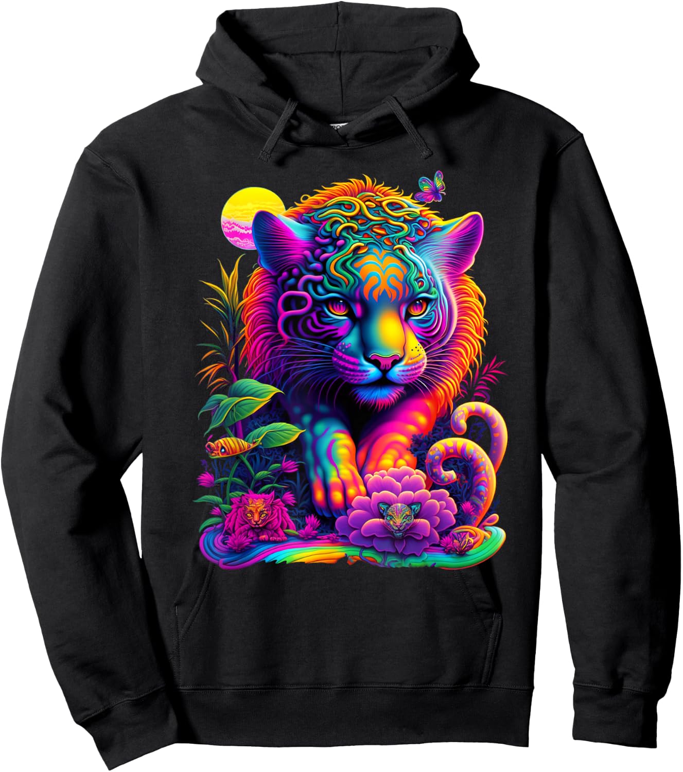 Colorful Rainbow Wild Cat Graphic Hoodie - Hoodie | Black