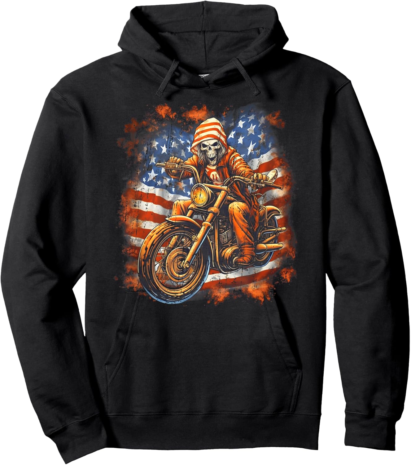 US Flag Motorcycle Skeleton Biker 4th July American Hoodie - Hoodie | Black