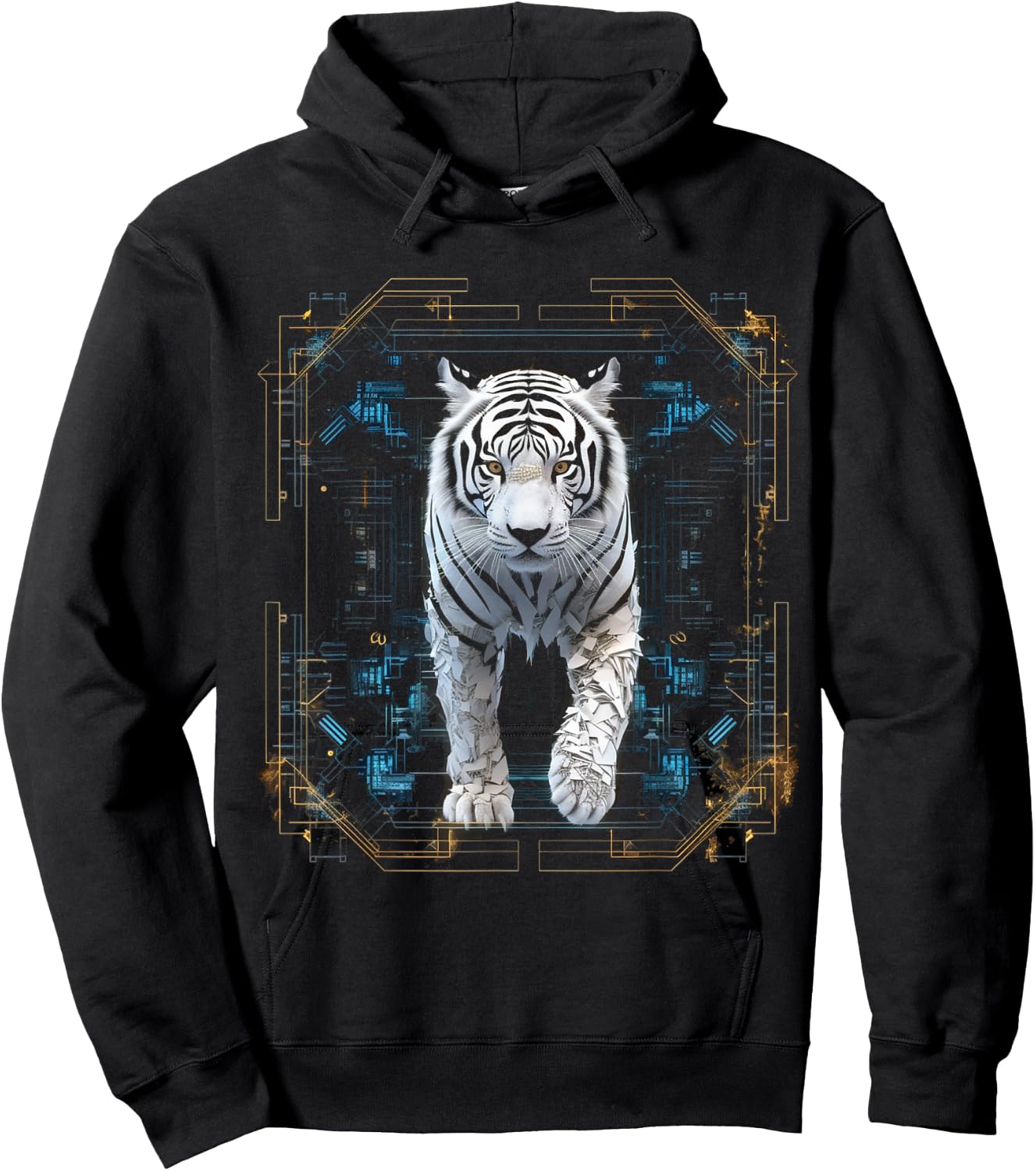 Tiger Geometric Artwork | White Animal Motif Tiger Hoodie - Hoodie | Black
