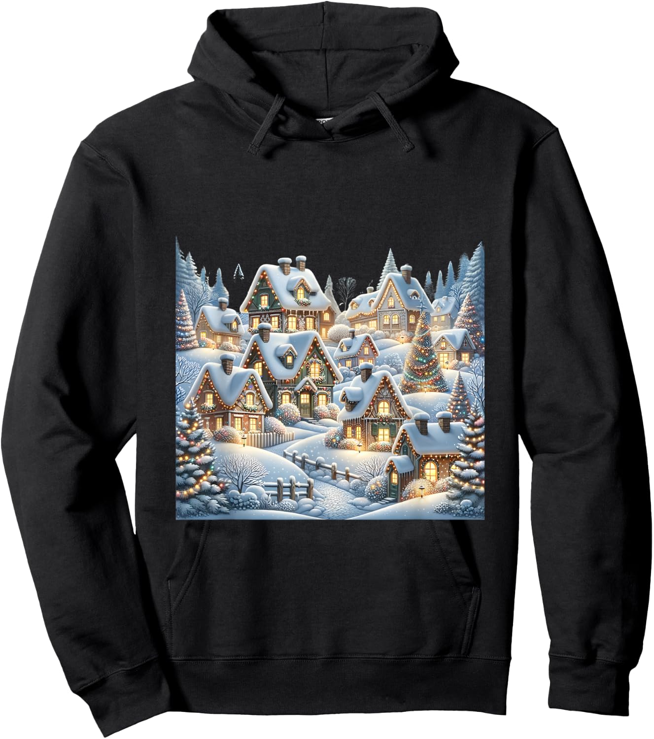 Winter Village Snow Covered Cottages Christmas Lights Scene Hoodie - Hoodie | Black