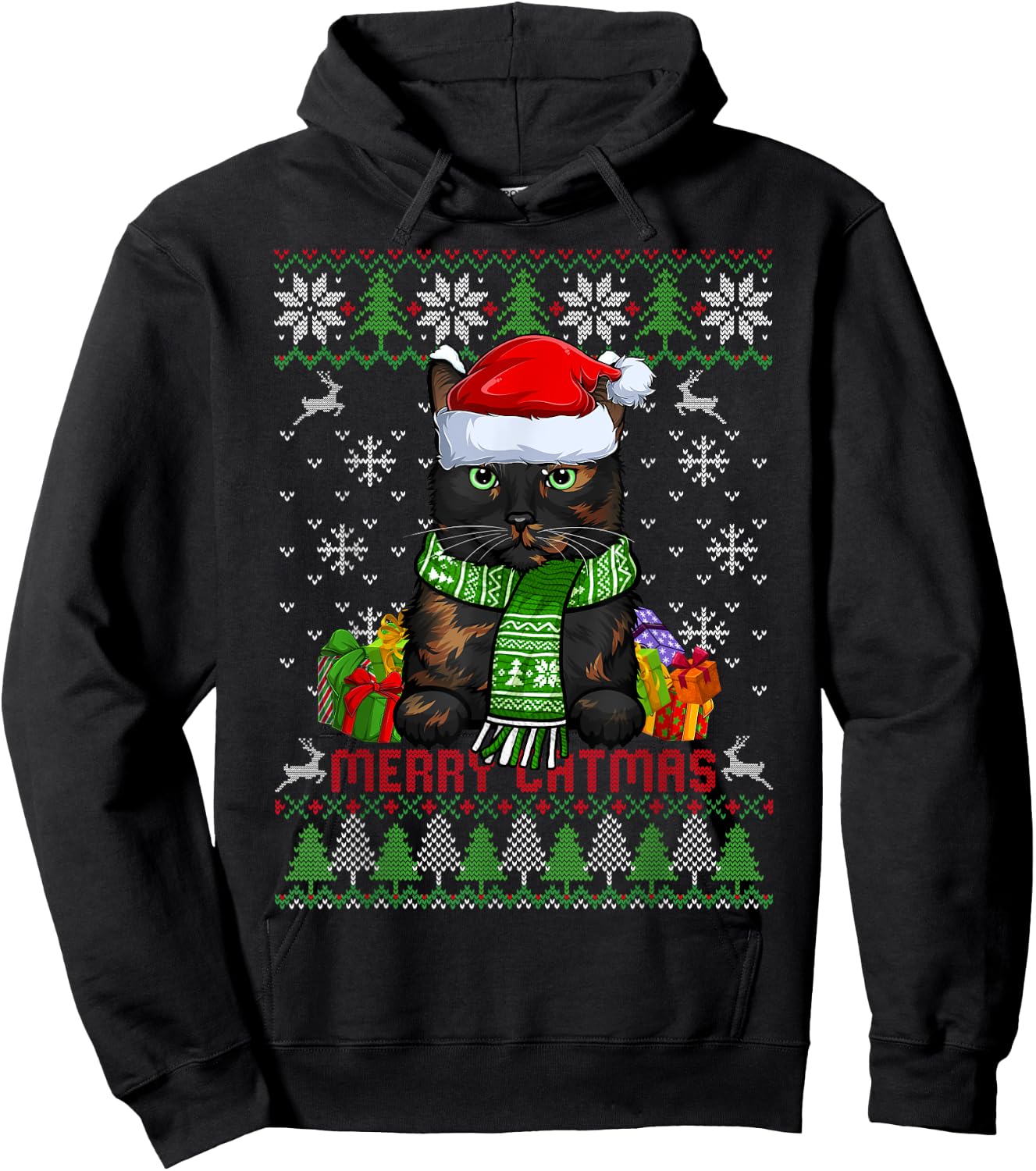 Funny Merry Catmas Tortoiseshell Cat Ugly Christmas Sweater Men Women Kids Hoodie - Hoodie | Black