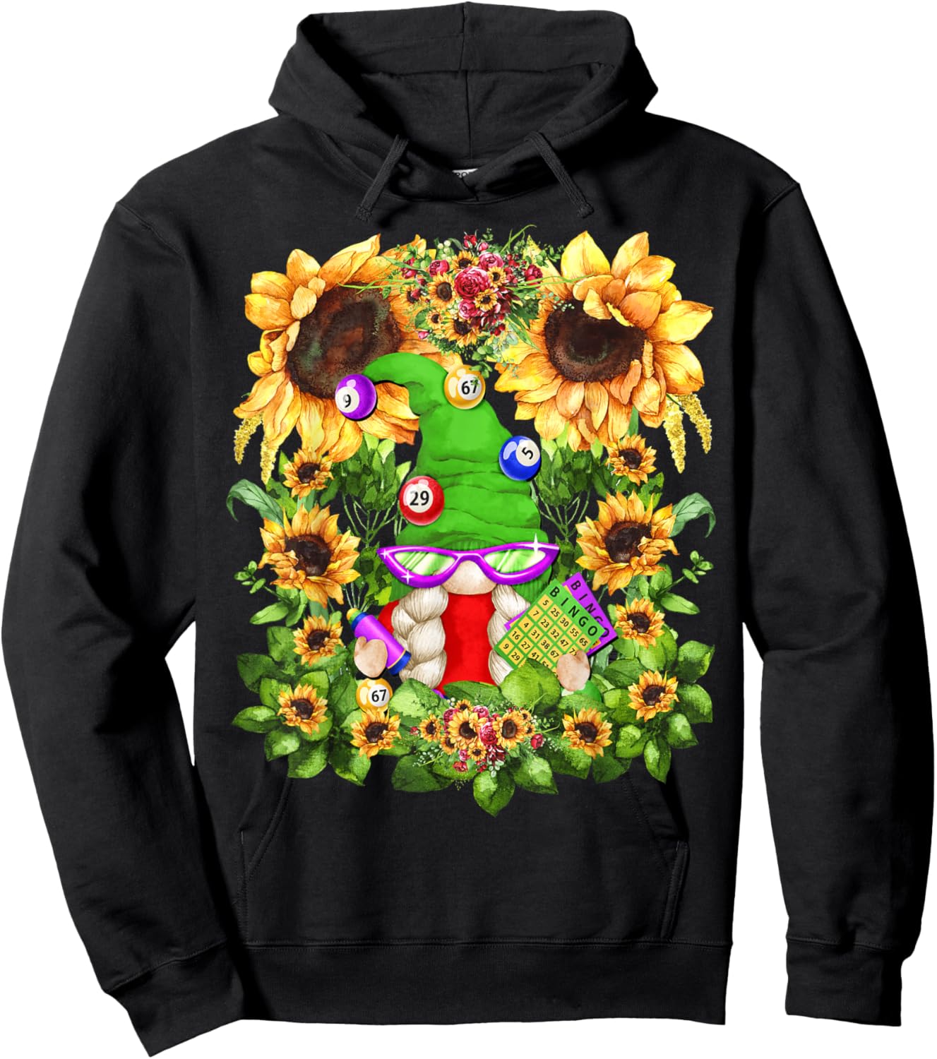 Floral Sunflower Bingo Gnome And Crazy Bingo Lady Hoodie - Hoodie | Black