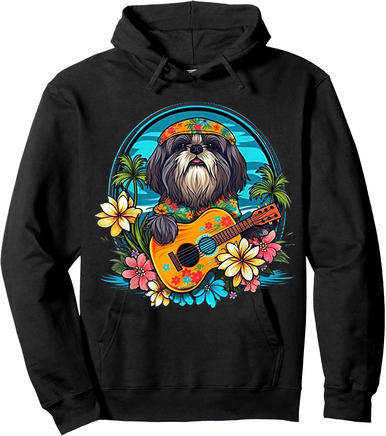 Floral Beach Vacation Shih Tzu Dog Women Kids Hoodie - Hoodie | Black