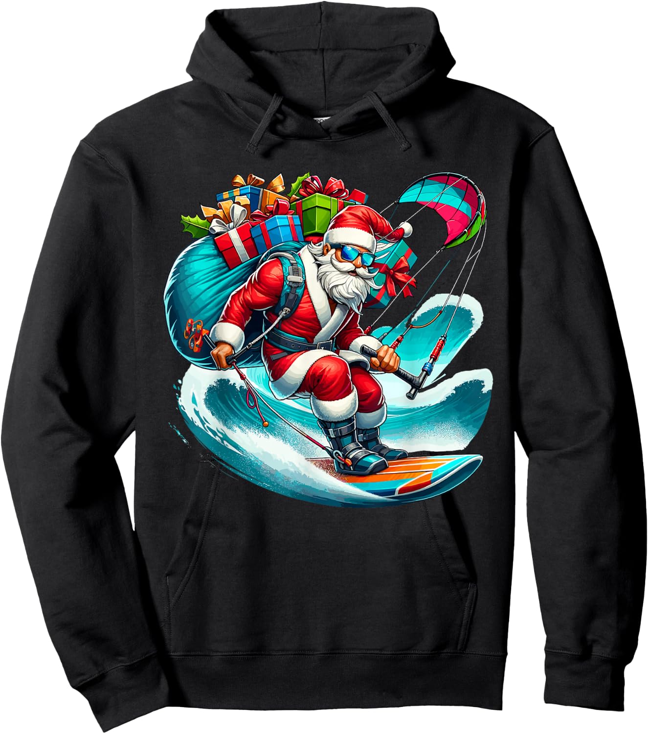 Funny Beach Santa kitesurfing Christmas Santa Surfing Men Women Kids Hoodie - Hoodie | Black