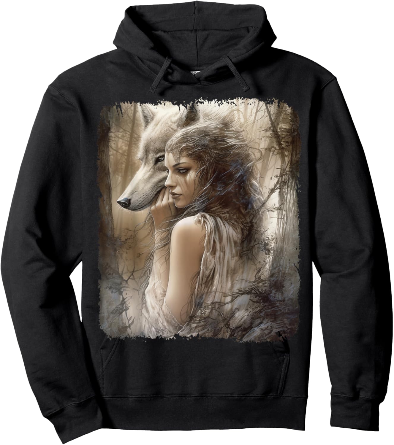 Woman and Grey Wolf in Forest Fantasy Hoodie - Hoodie | Black