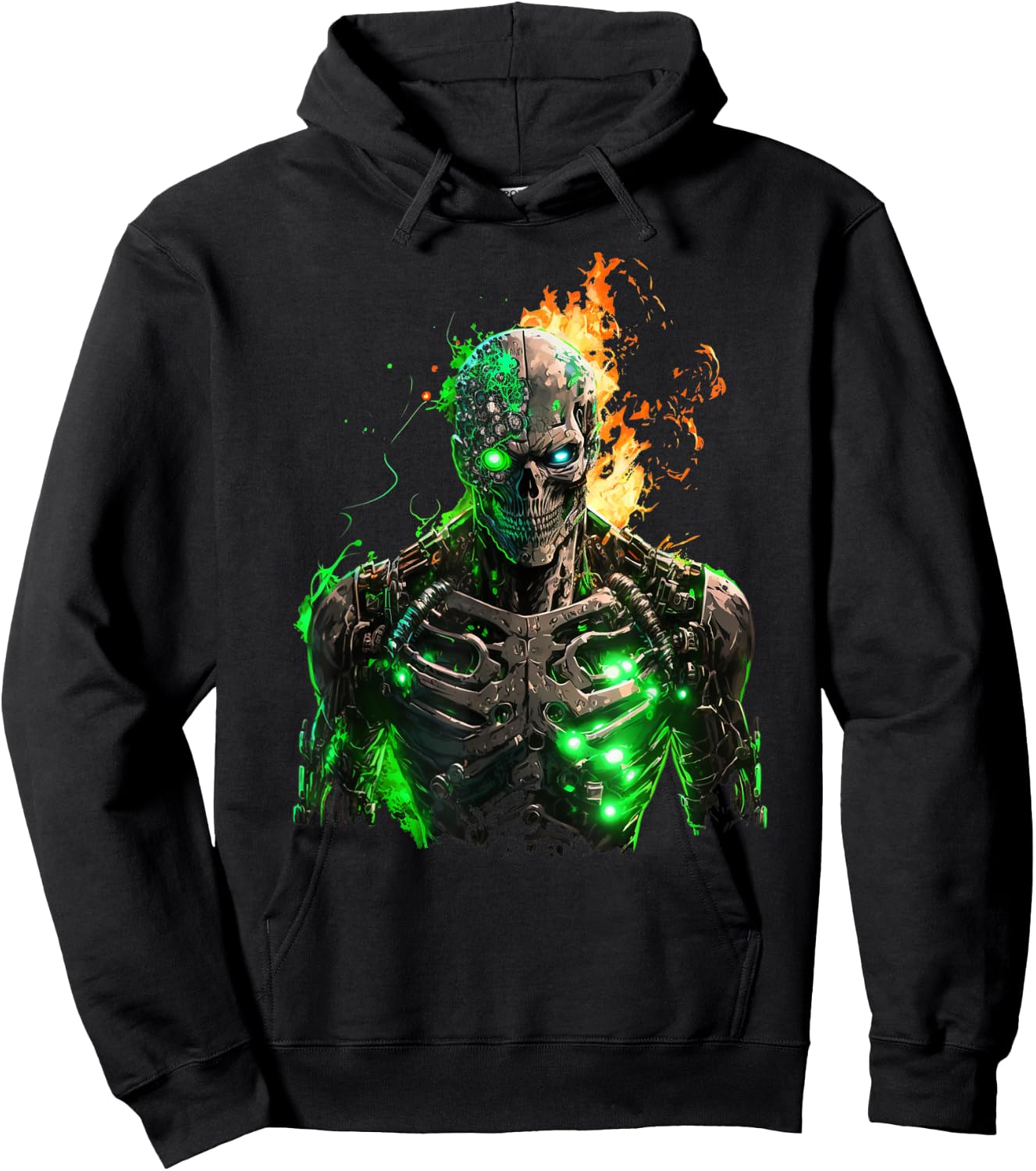 Flaming Skeleton Cyborg Graphic Hoodie - Hoodie | Black