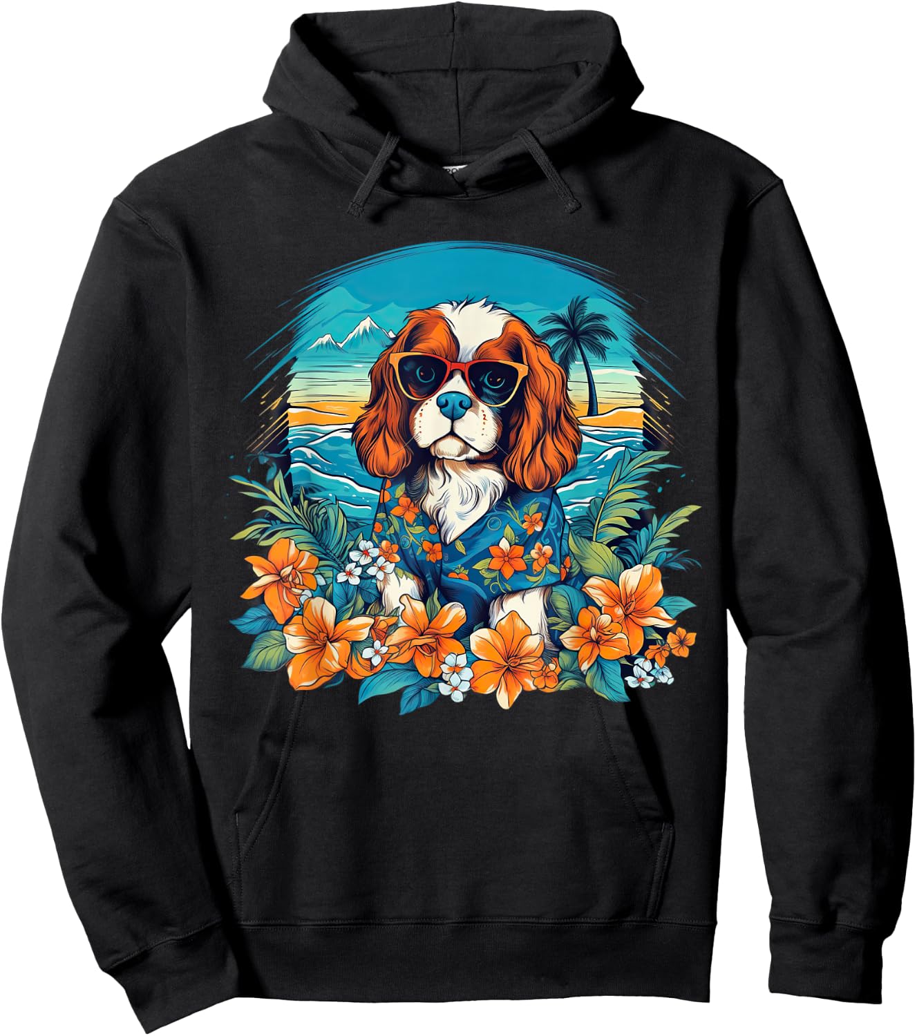 Floral Beach Vacation Cavalier King Charles Spaniel Dog Hoodie - Hoodie | Black