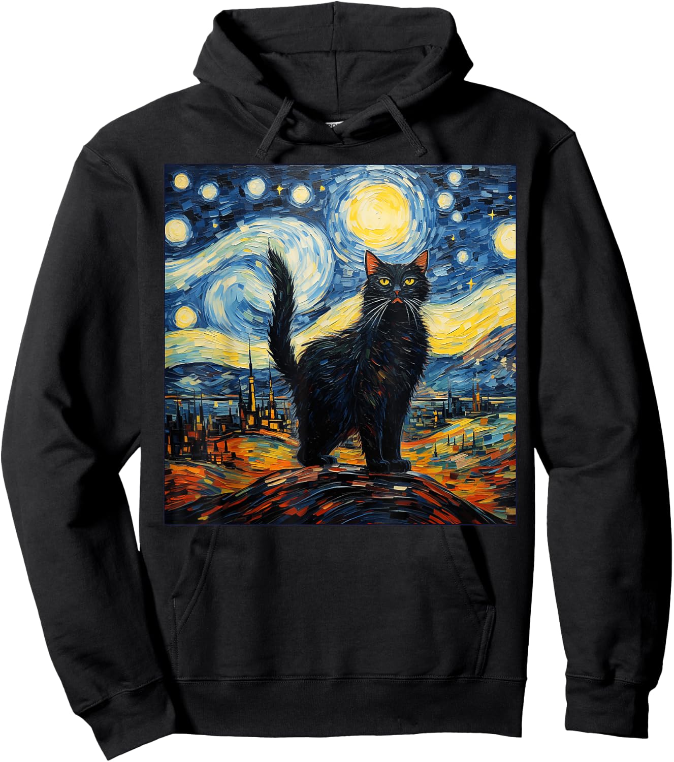 Van Gogh Starry Night Black Cat Gifts for Cats Lover Mom Dad Women Kids Hoodie - Hoodie | Black