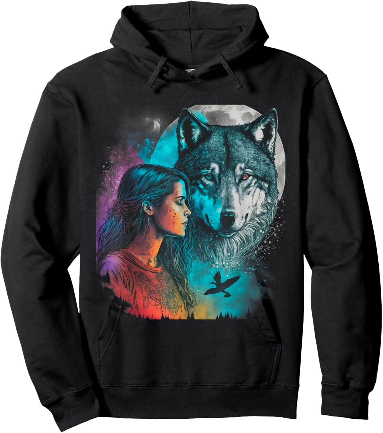 Ethnic Tribal Wolf Boho Feather Native American Hippie Women Hoodie - Hoodie | Black