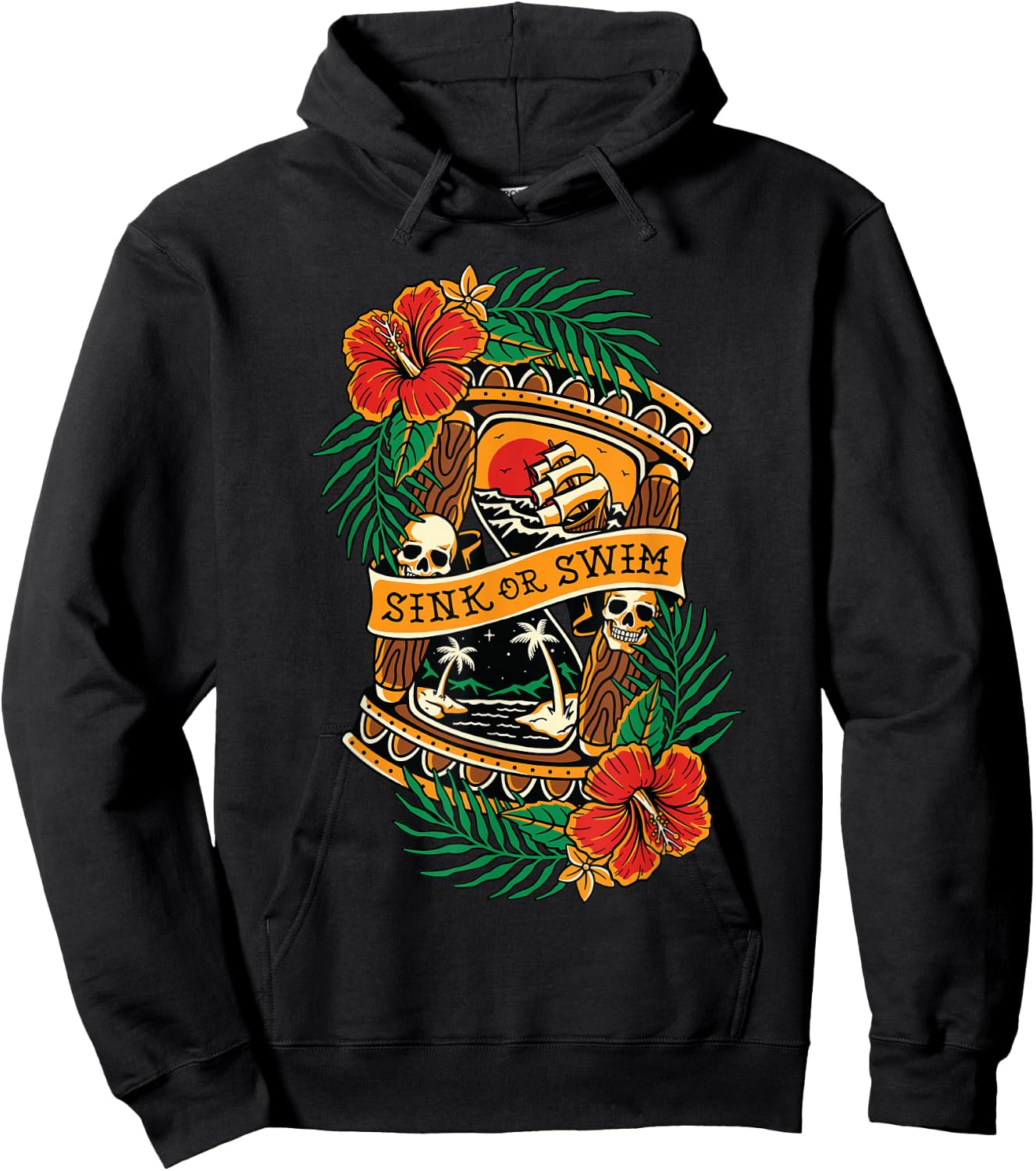 American Traditional Tattoo Old School Flash Skull Hourglass Hoodie - Hoodie | Black
