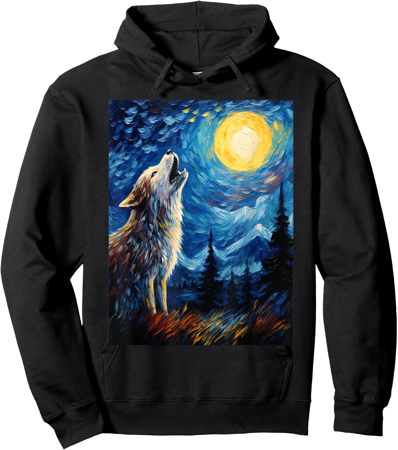 Wolf Starry Night Van Gogh Style Moon Hoodie - Hoodie | Black