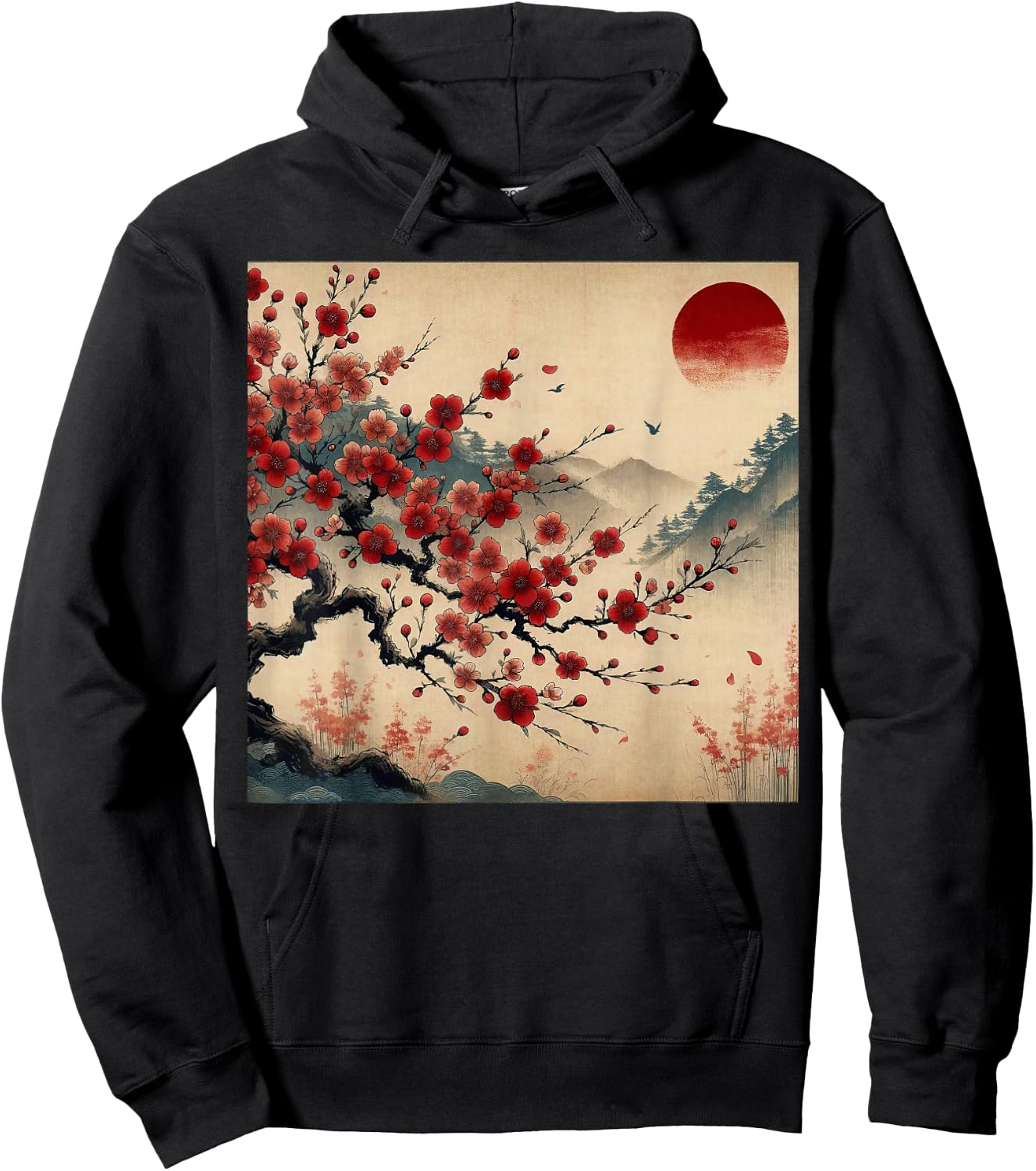Vintage Cherry Blossom Woodblock Japanese Graphical Art Hoodie - Hoodie | Black